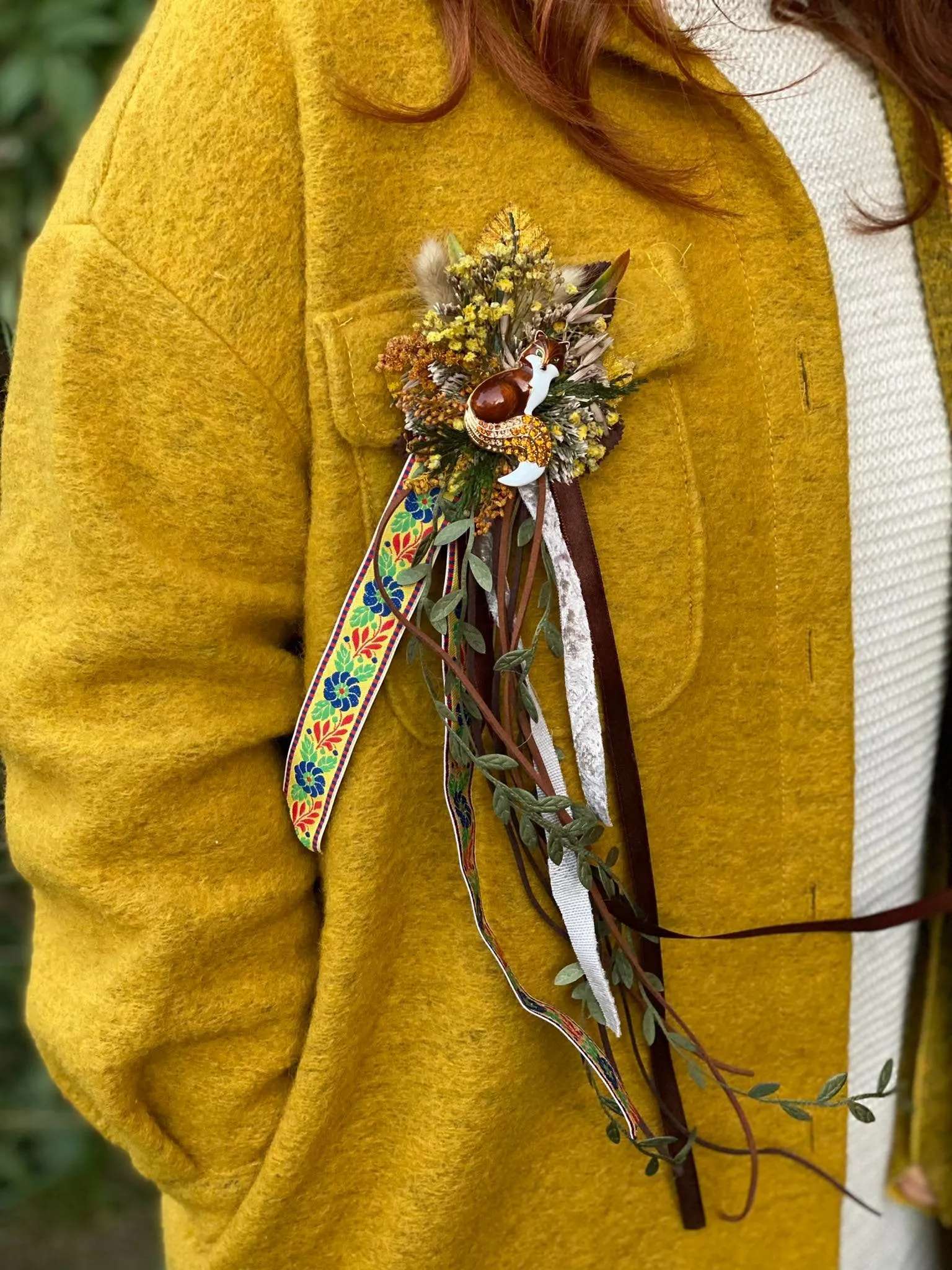 LAST 2 IN STOCK Flower brooch with fox Autumn brooch with ribbons Fall accessories Brooch for coat Unique and original gift Magaela handmade