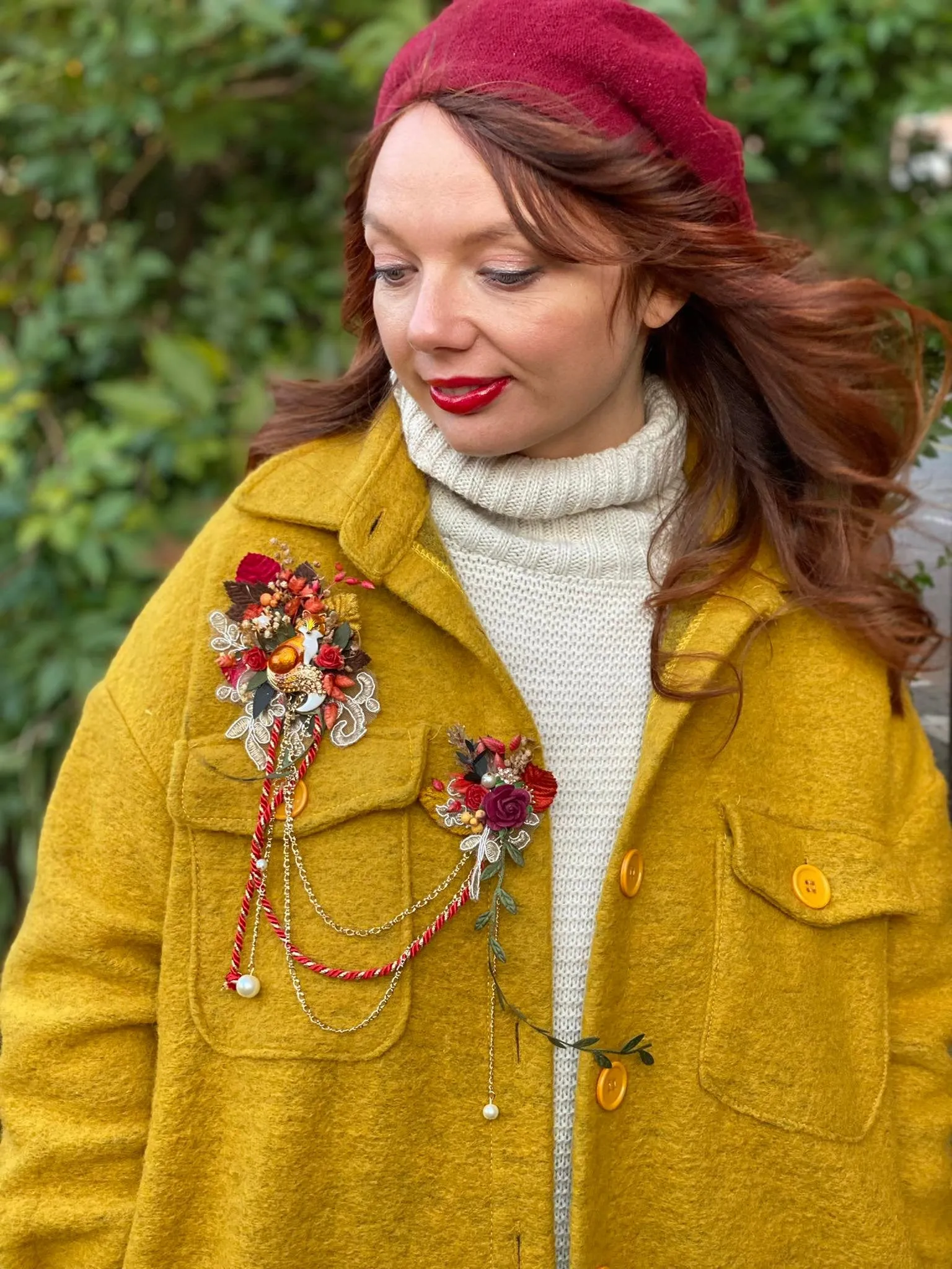 LIMITED OFFER Flower brooch Double brooch with fox Autumn Winter brooch Christmas gift for her Original present Red flower brooch Magaela