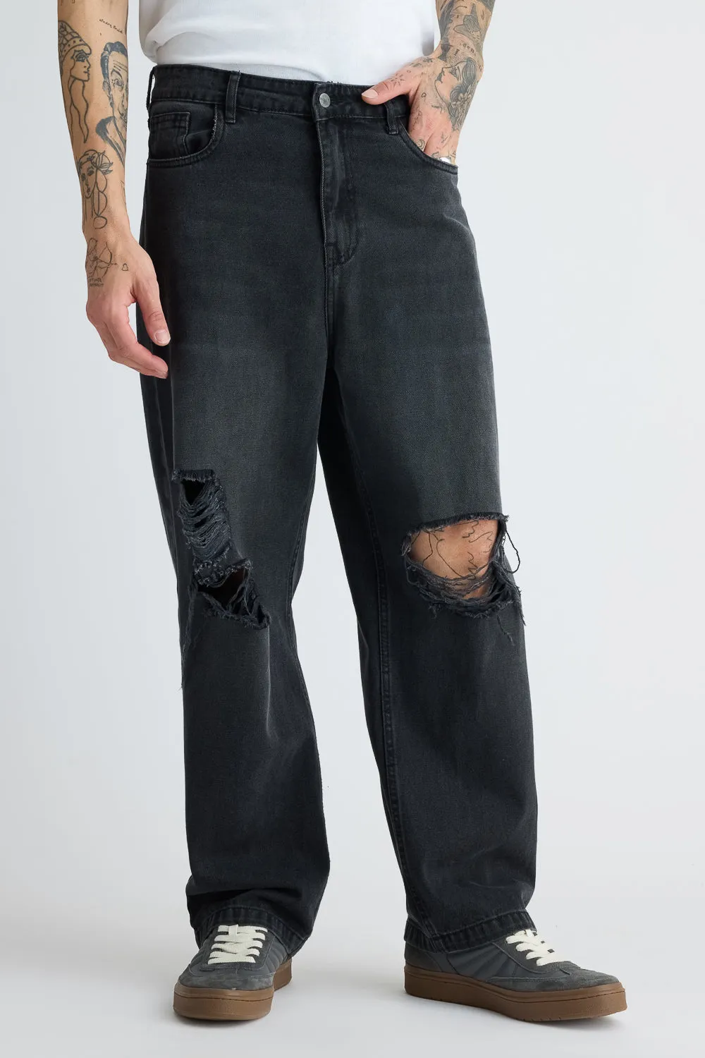 Men's Charcoal Straight Distress Jeans