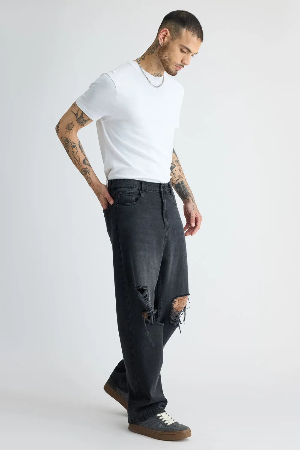 Men's Charcoal Straight Distress Jeans