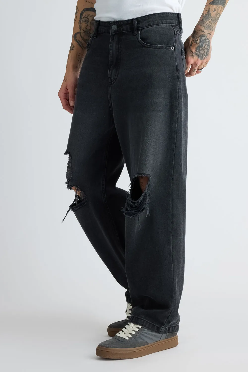 Men's Charcoal Straight Distress Jeans