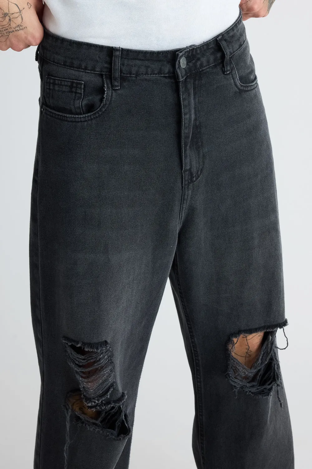 Men's Charcoal Straight Distress Jeans