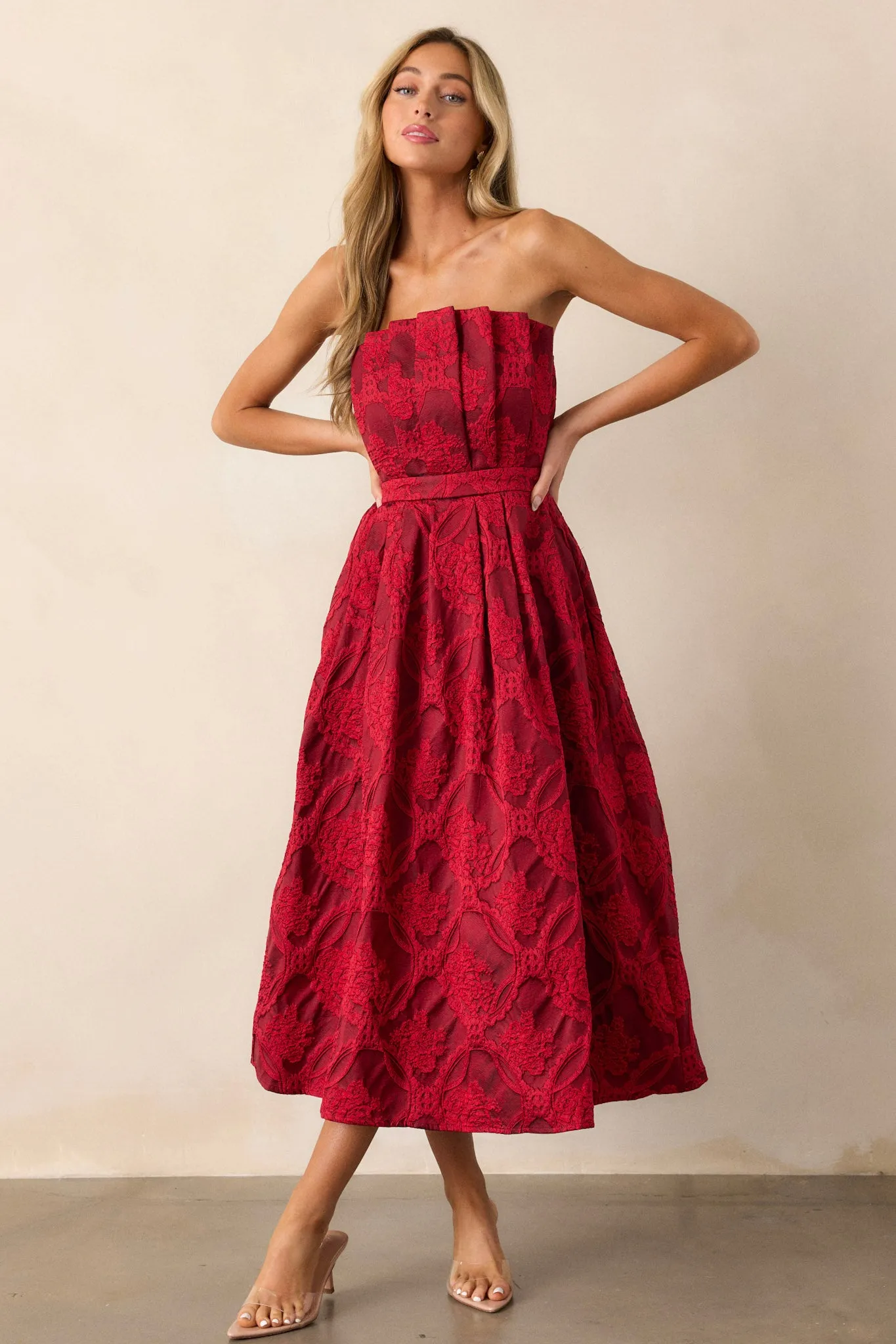 Moonstone Dreams Ruby Red Floral Jacquard Midi Dress