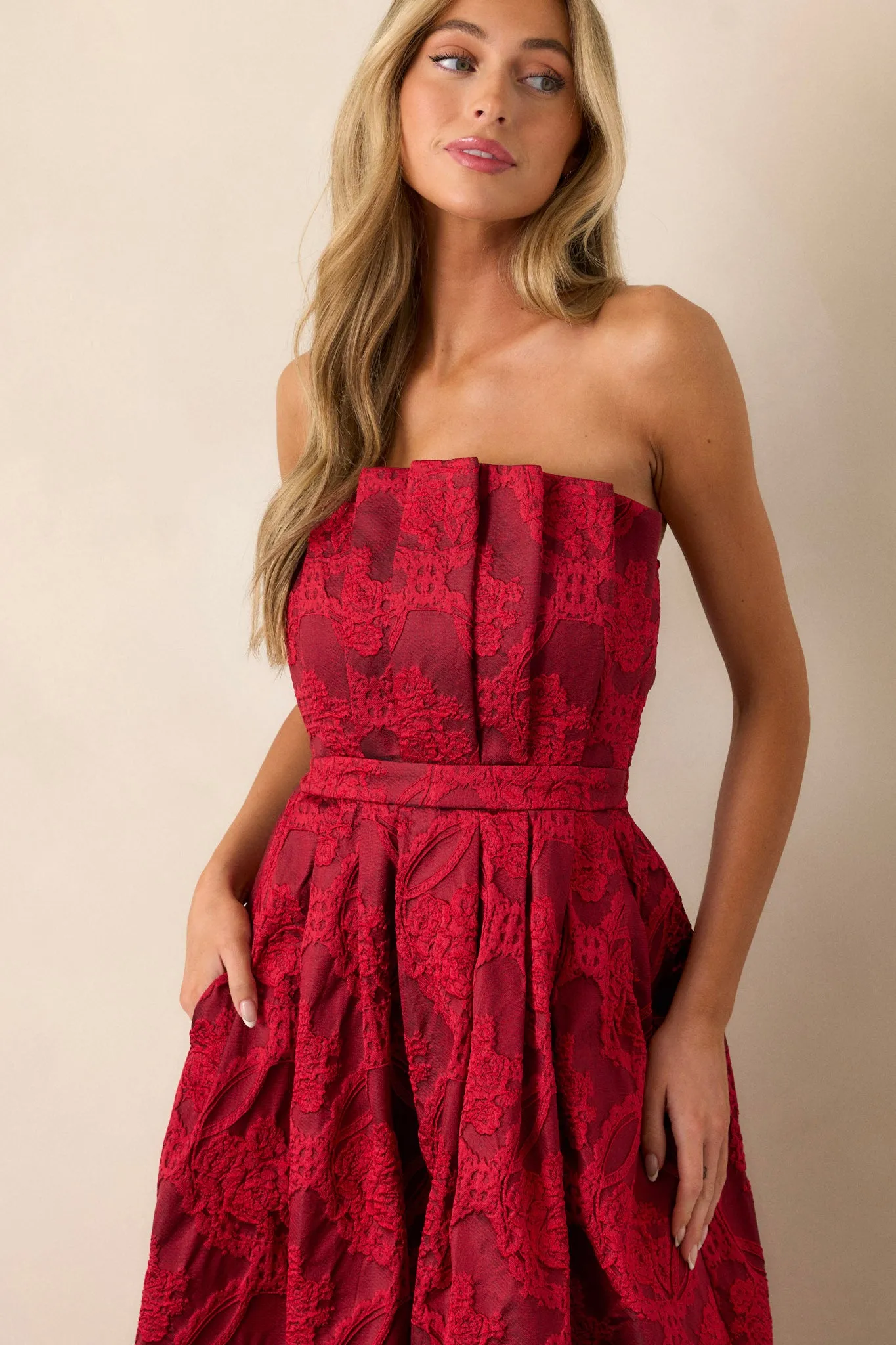 Moonstone Dreams Ruby Red Floral Jacquard Midi Dress