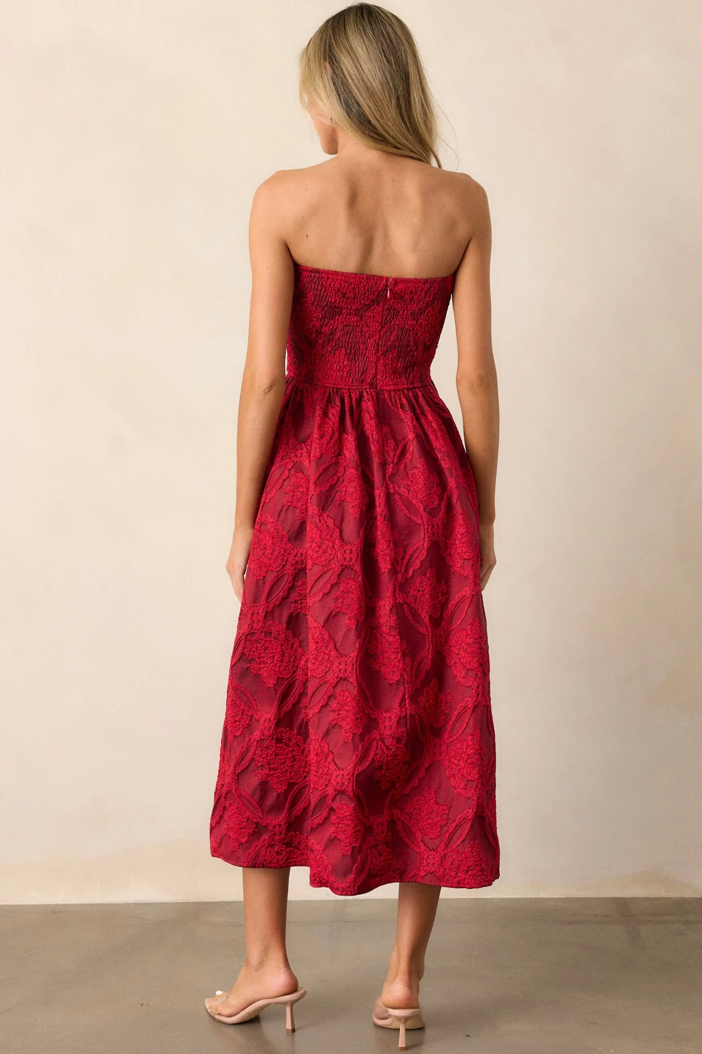 Moonstone Dreams Ruby Red Floral Jacquard Midi Dress