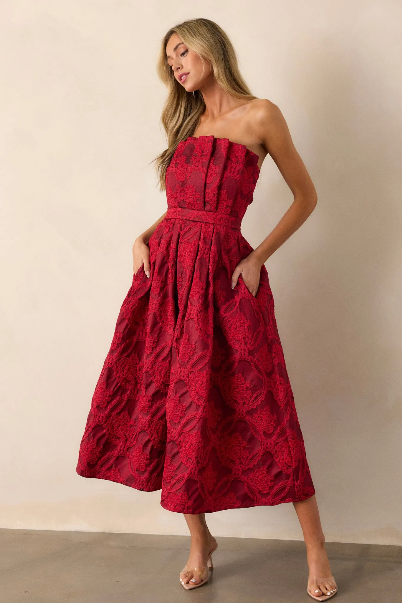 Moonstone Dreams Ruby Red Floral Jacquard Midi Dress