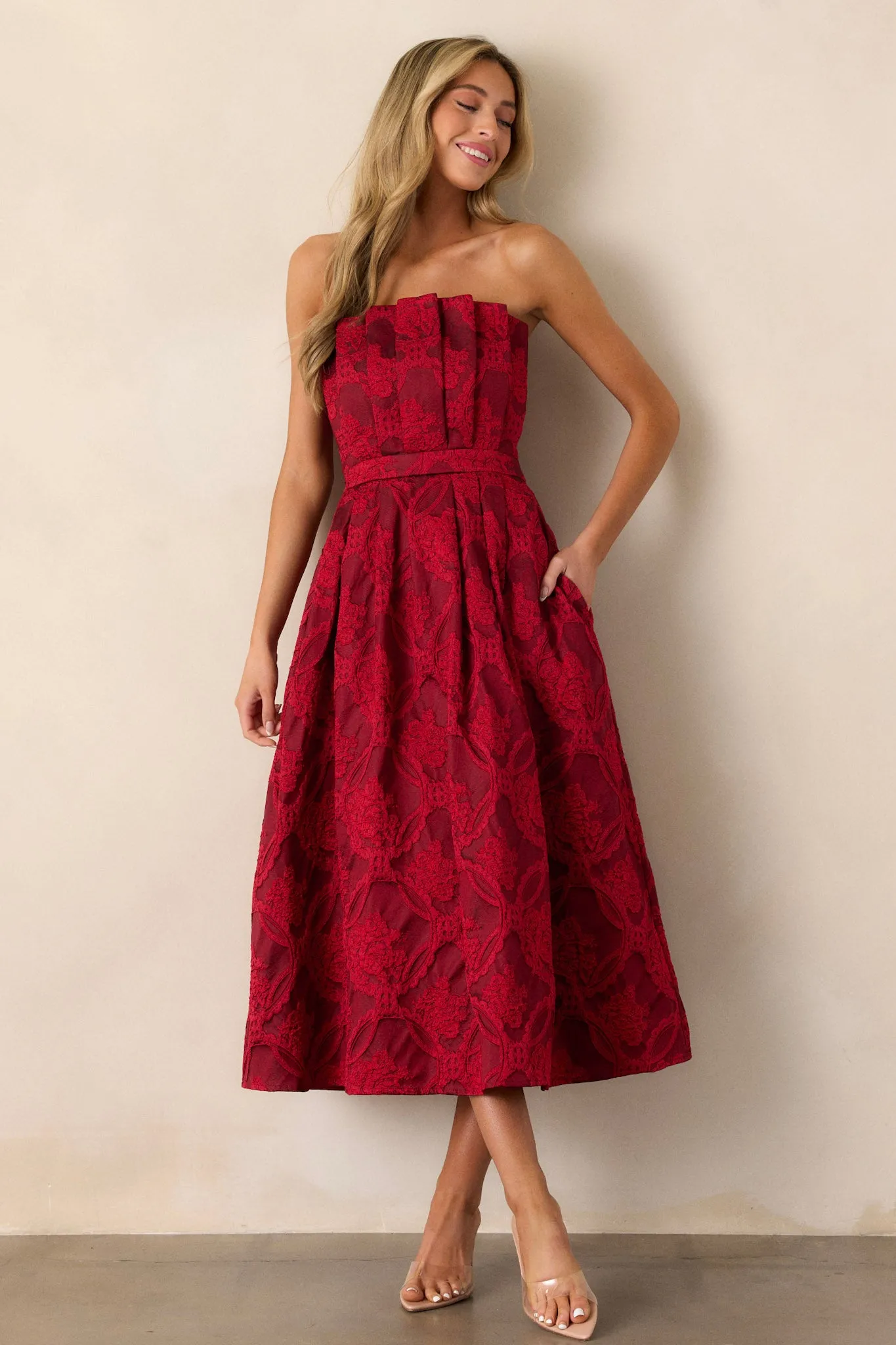 Moonstone Dreams Ruby Red Floral Jacquard Midi Dress