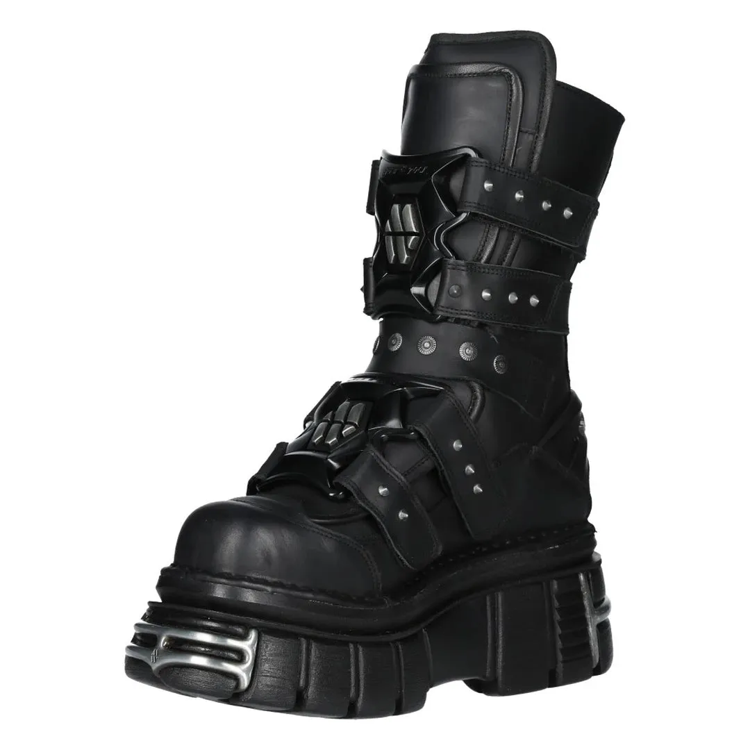 New Rock Boots M-MET422-S1 Unisex Metallic Black Leather Platform Gothic Boots