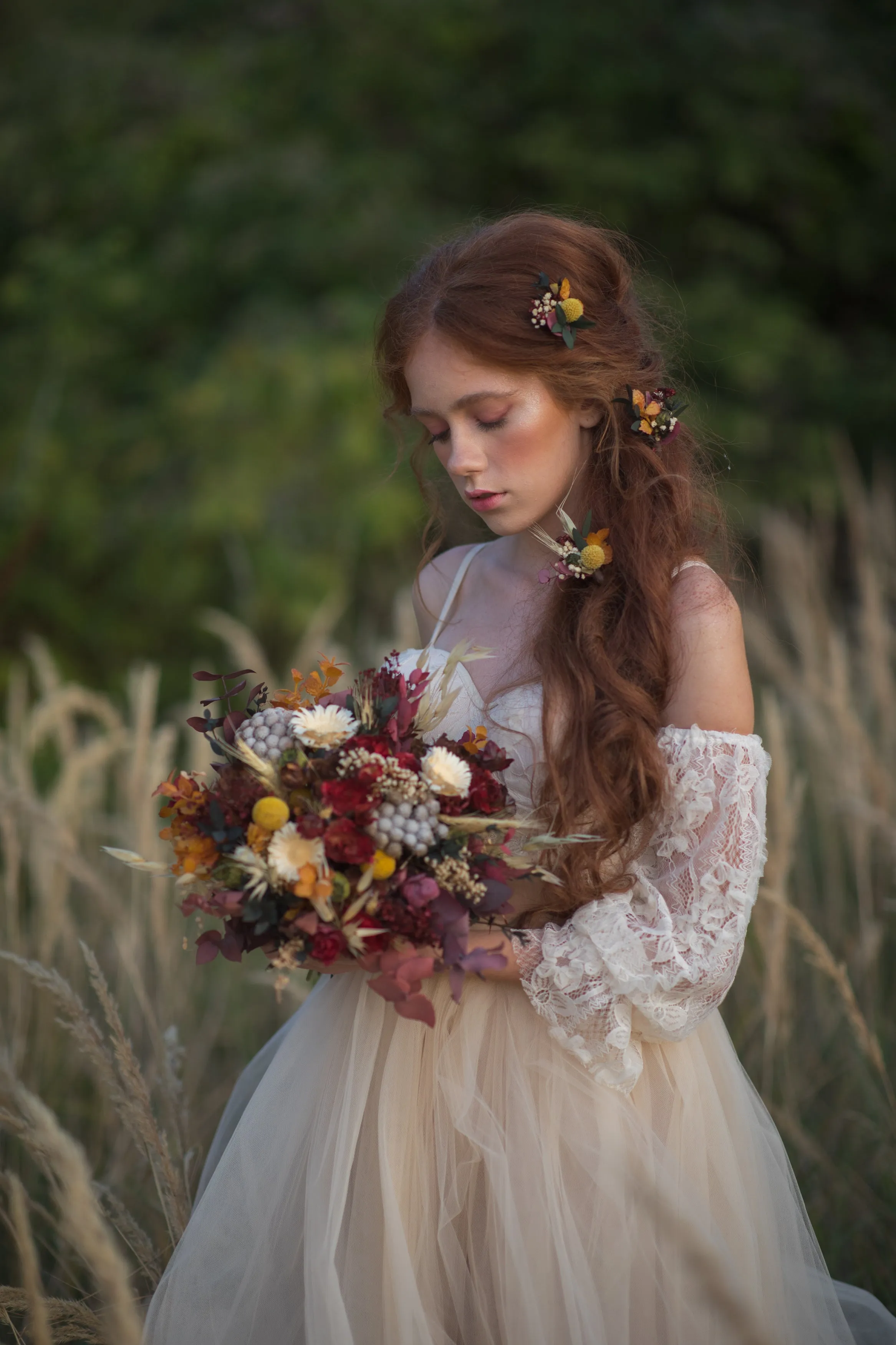 Ochre autumn flower hair pins