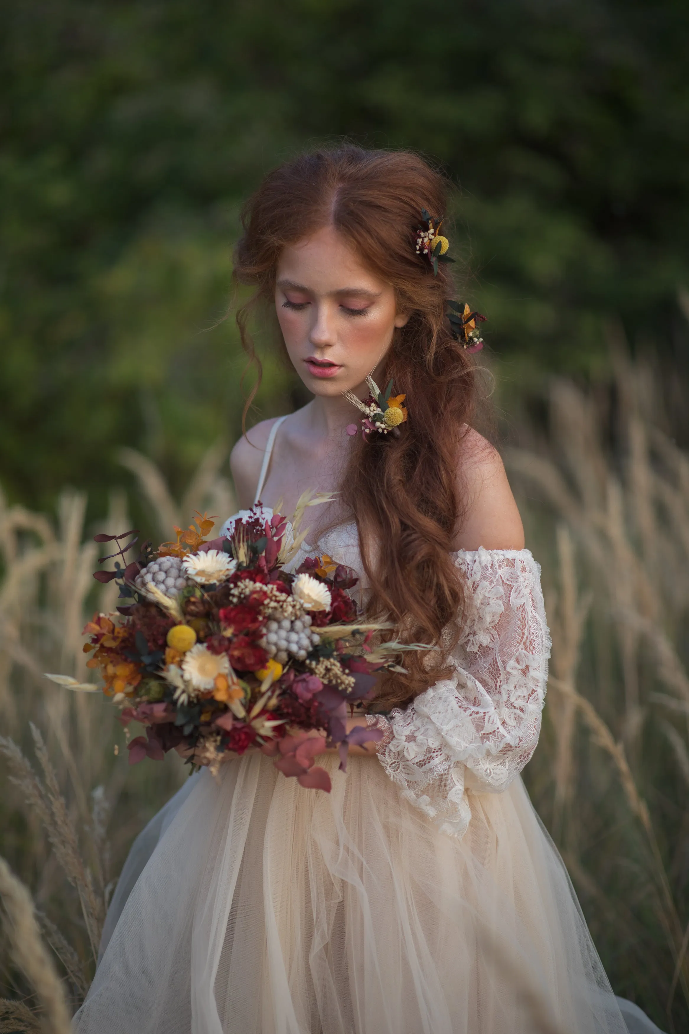 Ochre autumn flower hair pins