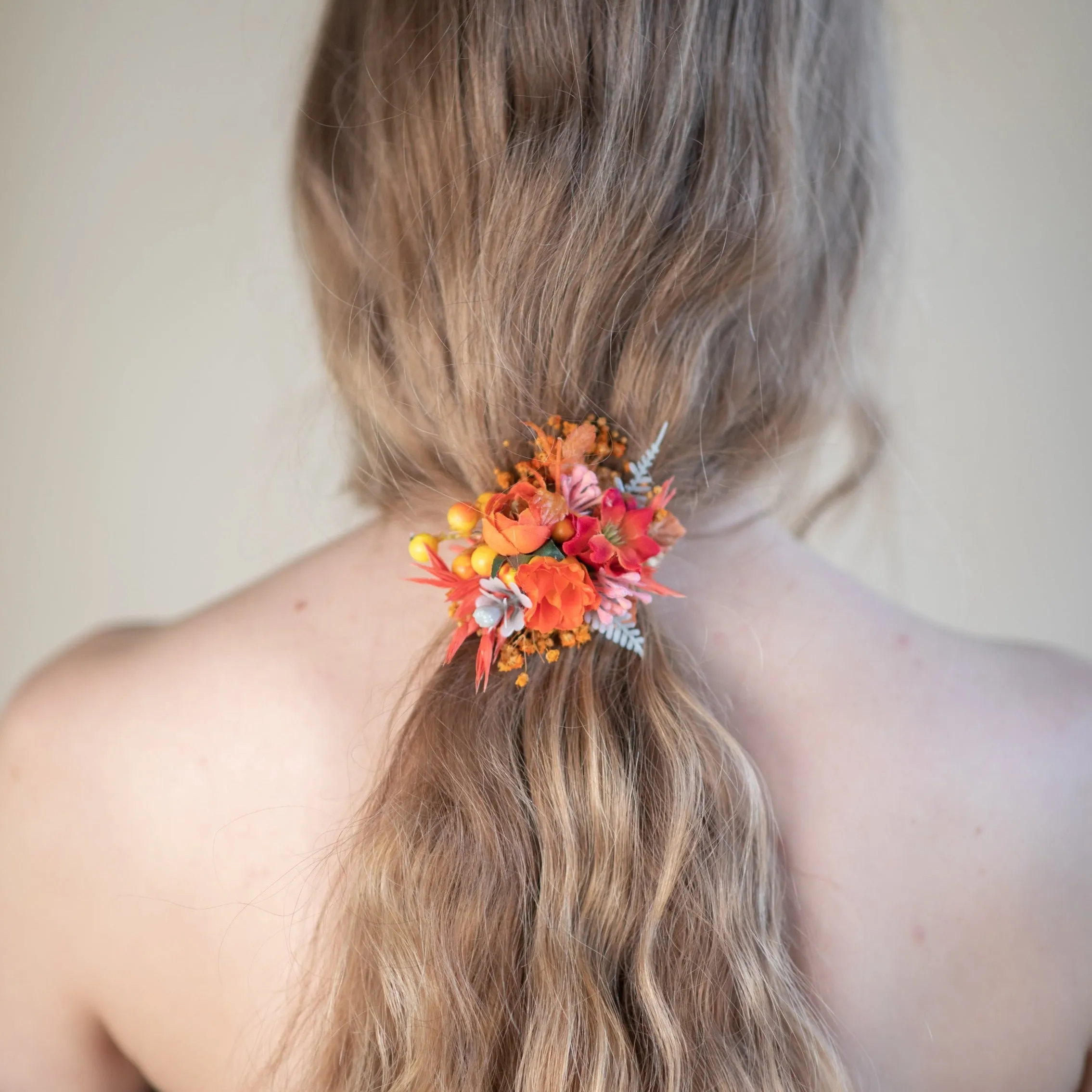 Orange autumn flower hair tie