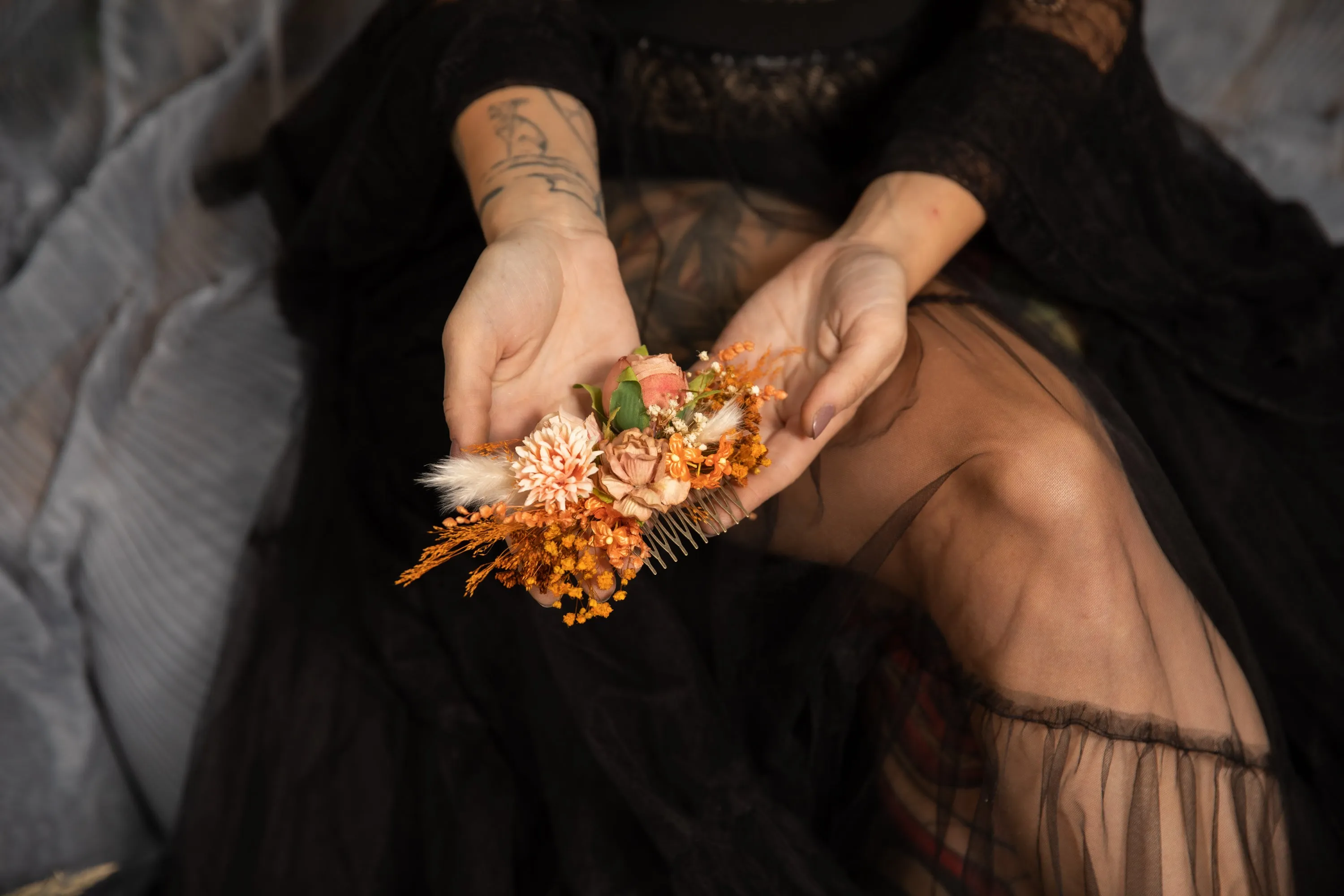 Peach autumn flower hair comb