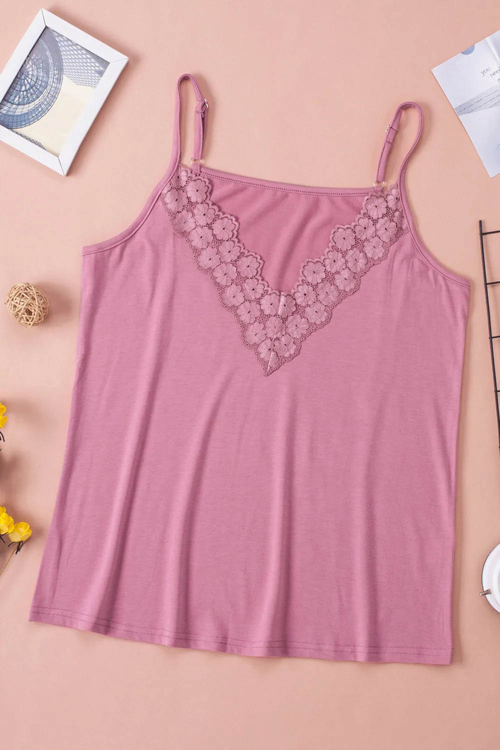 Pink Lace Splicing V Neck Cami Top