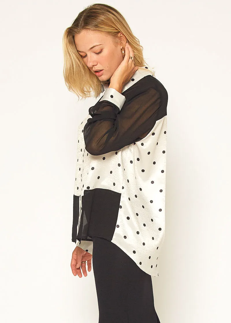 Polkadot Mesh Button Up Shirt Blouse In Black Ivory