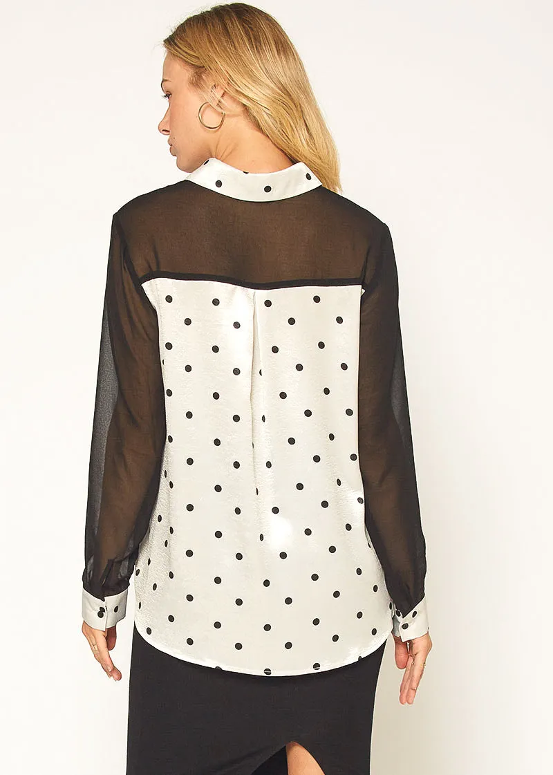 Polkadot Mesh Button Up Shirt Blouse In Black Ivory