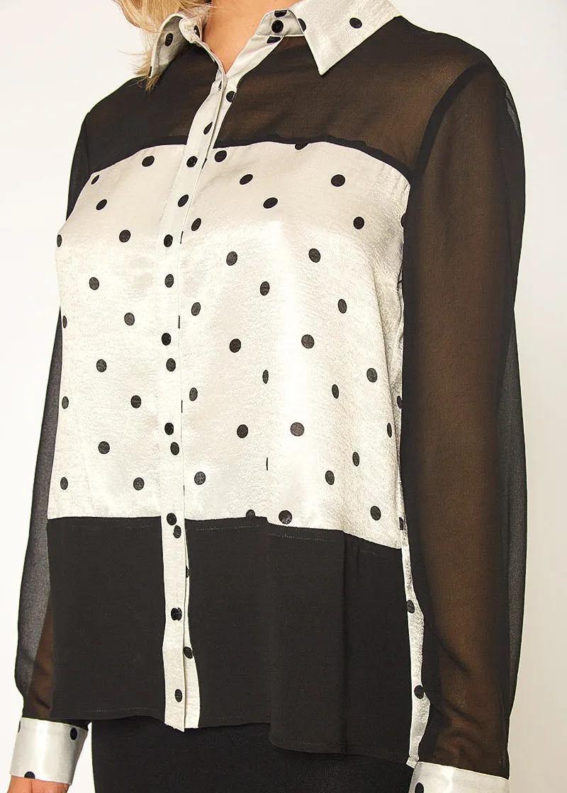 Polkadot Mesh Button Up Shirt Blouse In Black Ivory