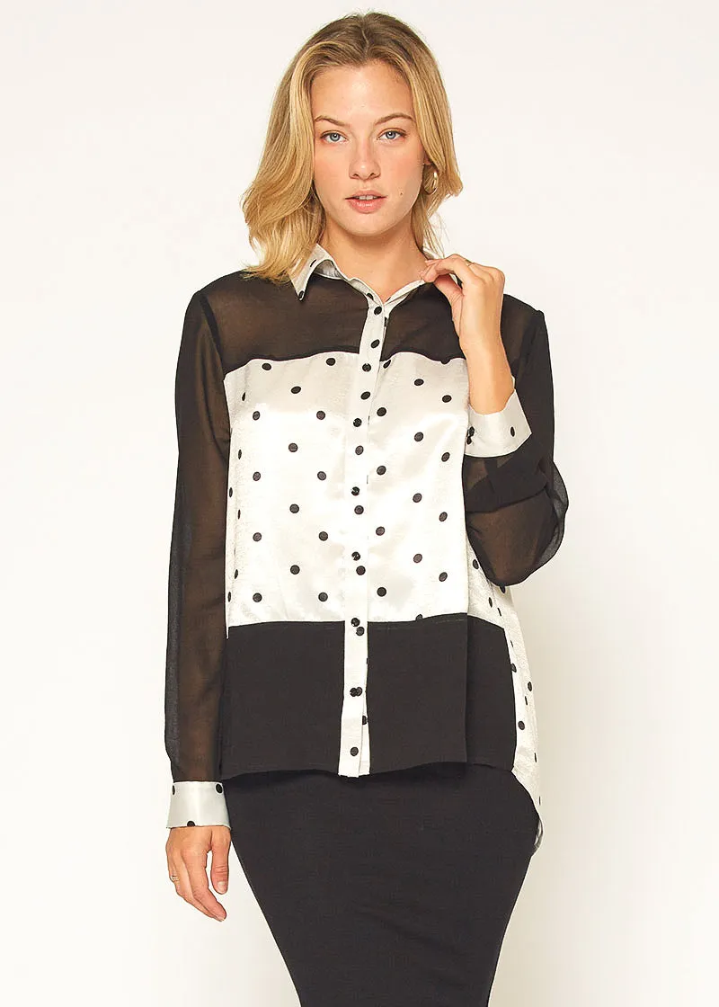 Polkadot Mesh Button Up Shirt Blouse In Black Ivory