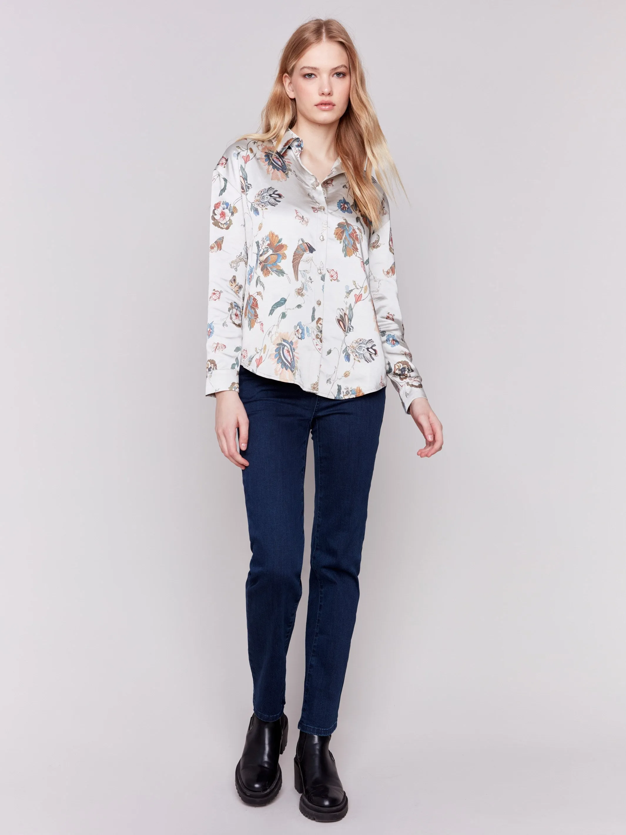 Printed Satin Button-Down Shirt - Cashmere