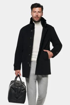 Pure Cashmere Fur Trimmed Car Coat, Black