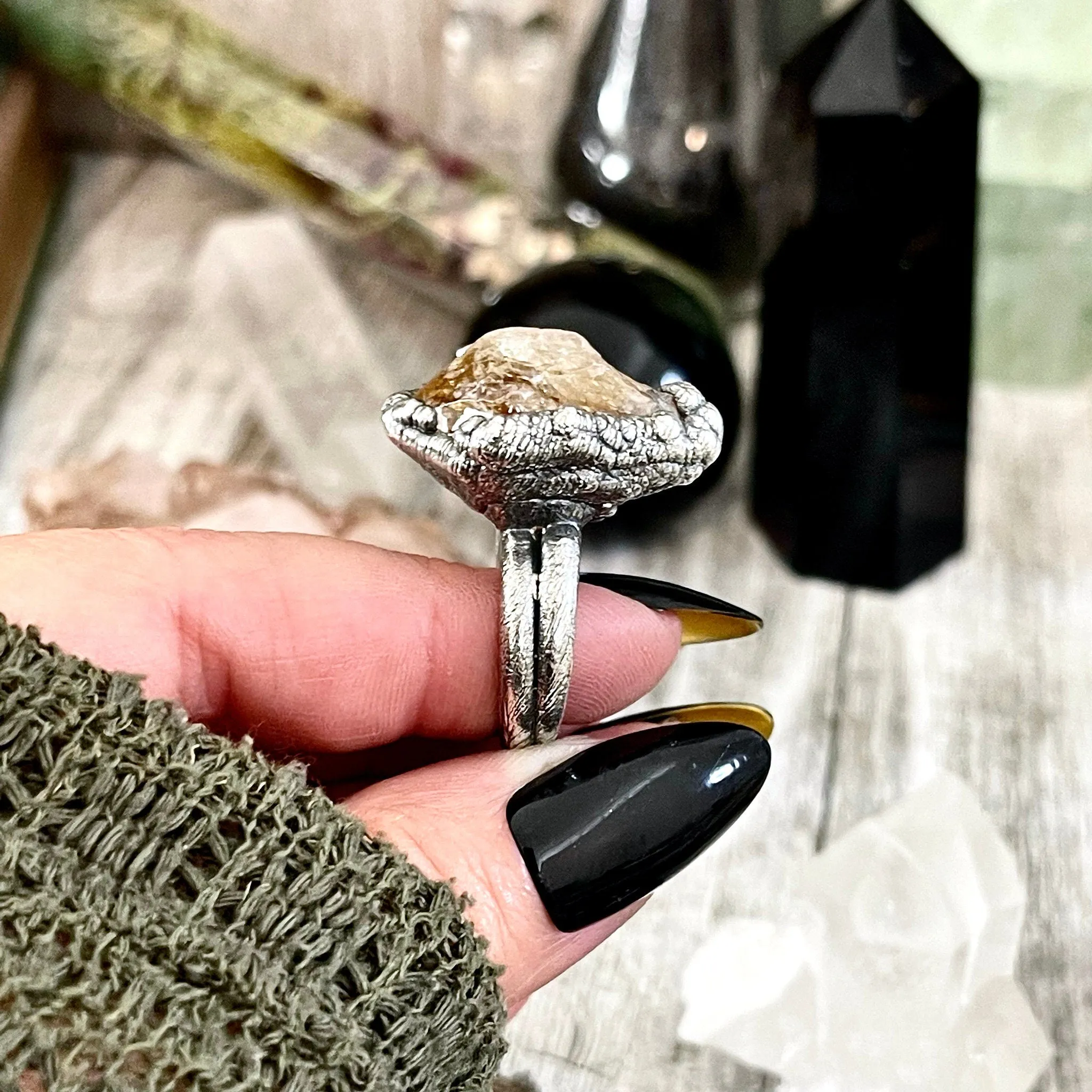 Raw Citrine Crystal Ring in Fine Silver Medium Size 5 6 7 8 9 //  Witchy Jewelry Yellow Gemstone Ring December Birthstone Jewelry Gift