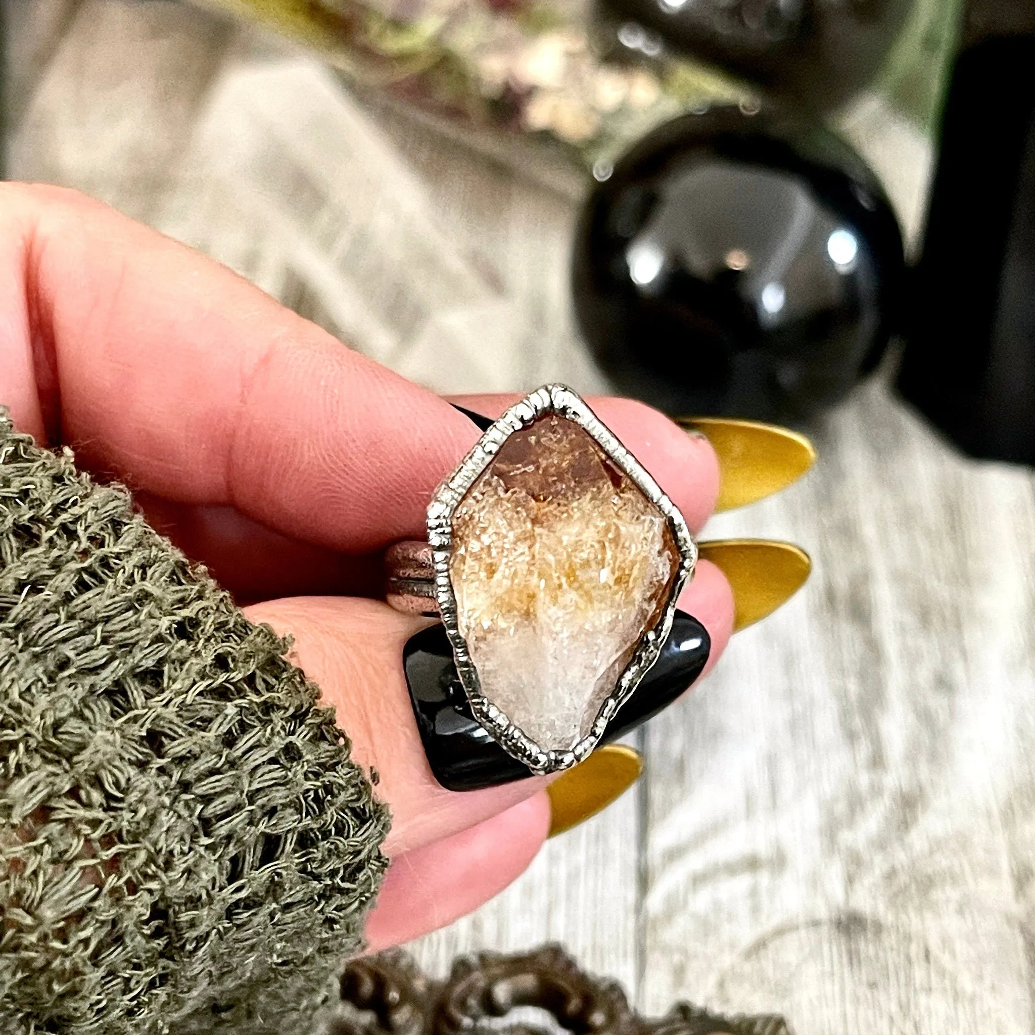 Raw Citrine Crystal Ring in Fine Silver Medium Size 5 6 7 8 9 //  Witchy Jewelry Yellow Gemstone Ring December Birthstone Jewelry Gift