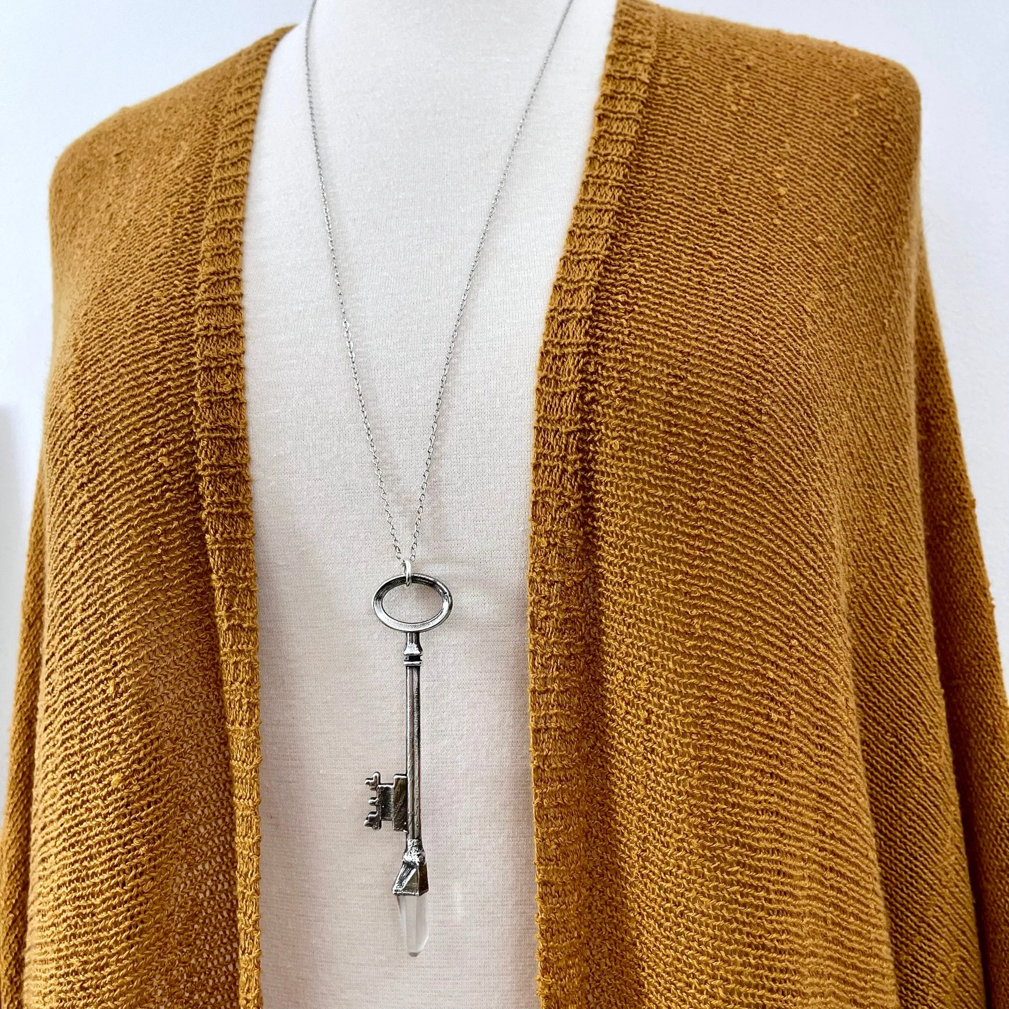 Raw Clear Quartz Crystal Vintage Skeleton Key Necklace Pendant in Fine Silver  / Foxlark Collection - One of a Kind