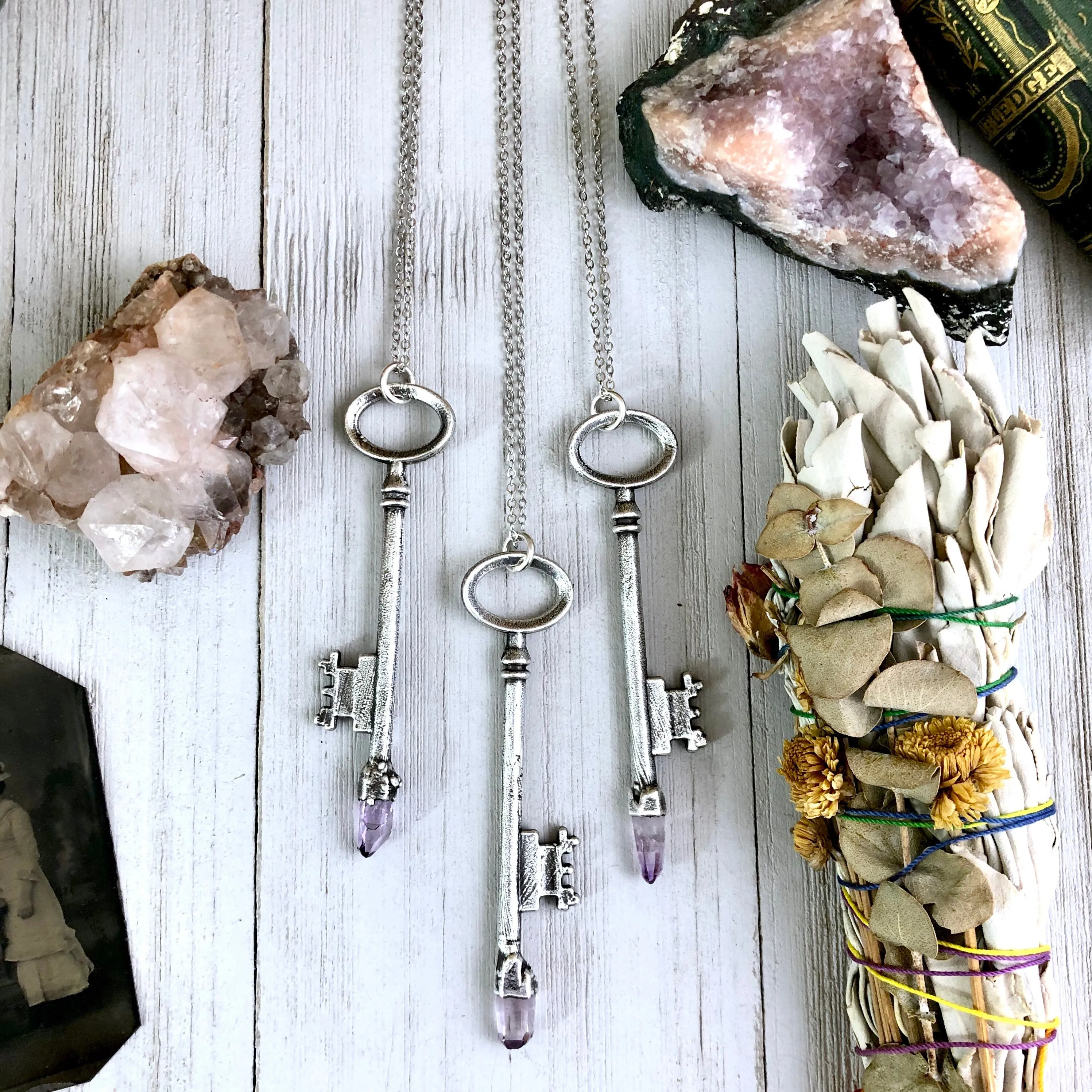 Raw Vera Cruz Amethyst Crystal Vintage Skeleton Key Necklace Pendant in Fine Silver  / Foxlark Collection - One of a Kind