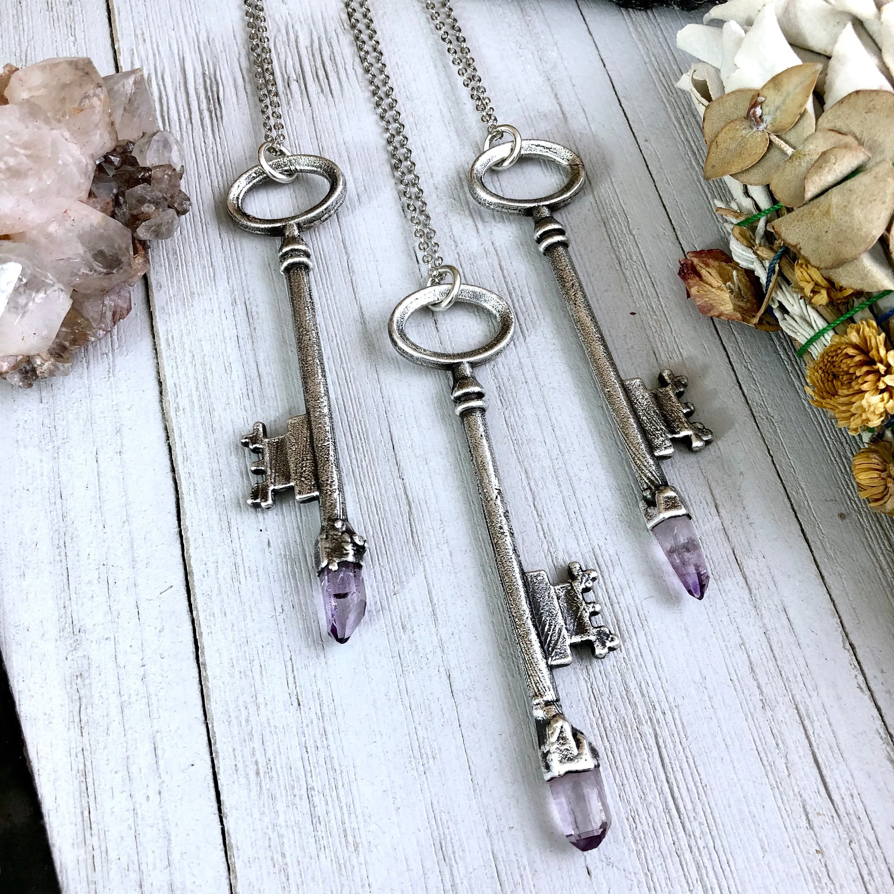 Raw Vera Cruz Amethyst Crystal Vintage Skeleton Key Necklace Pendant in Fine Silver  / Foxlark Collection - One of a Kind