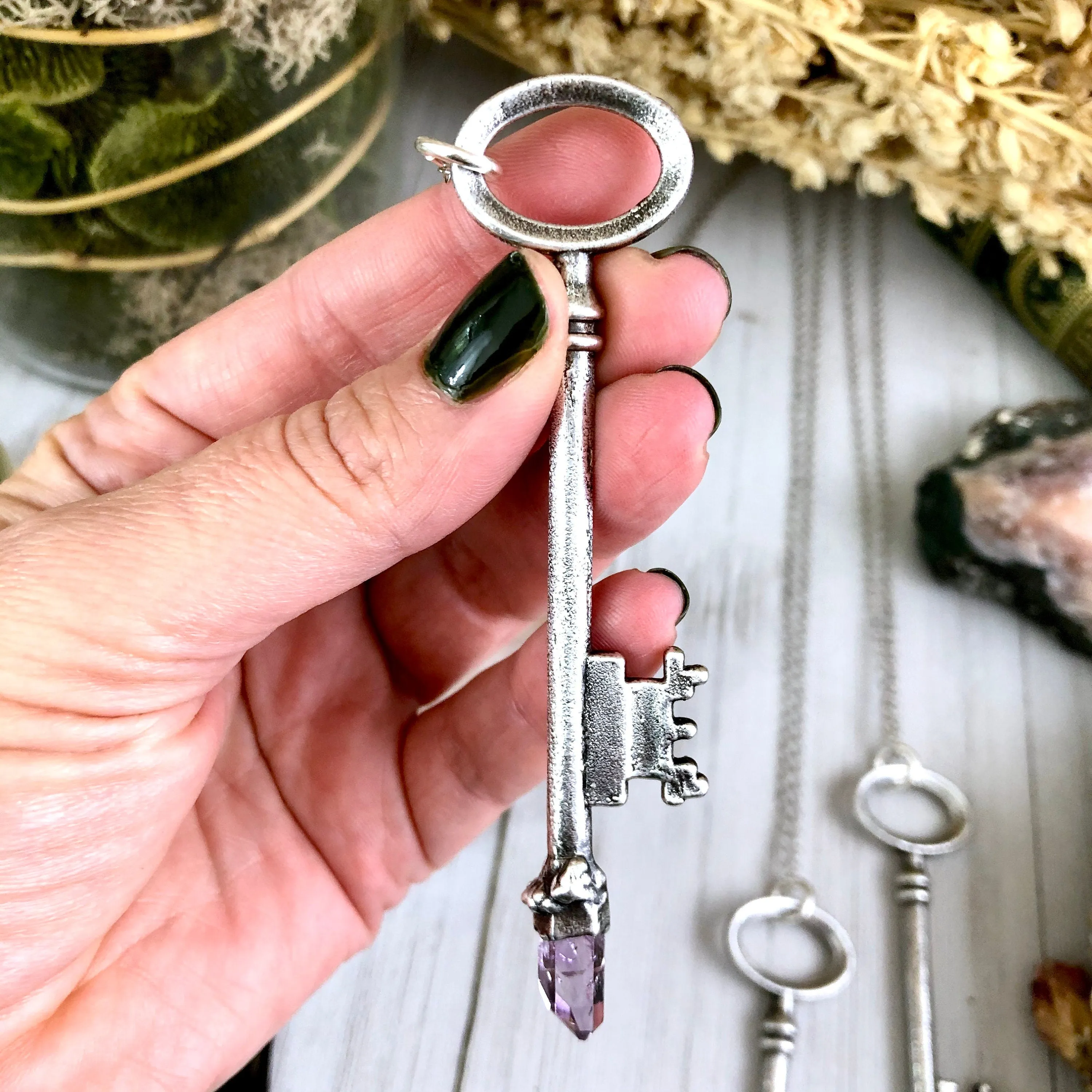 Raw Vera Cruz Amethyst Crystal Vintage Skeleton Key Necklace Pendant in Fine Silver  / Foxlark Collection - One of a Kind