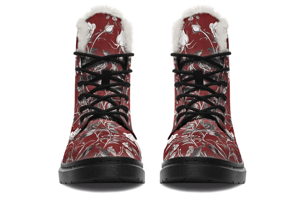 Red Rose Romance Winter Boots - Warm Micro-Suede Doc-Style Boots Lined with Vegan Wool