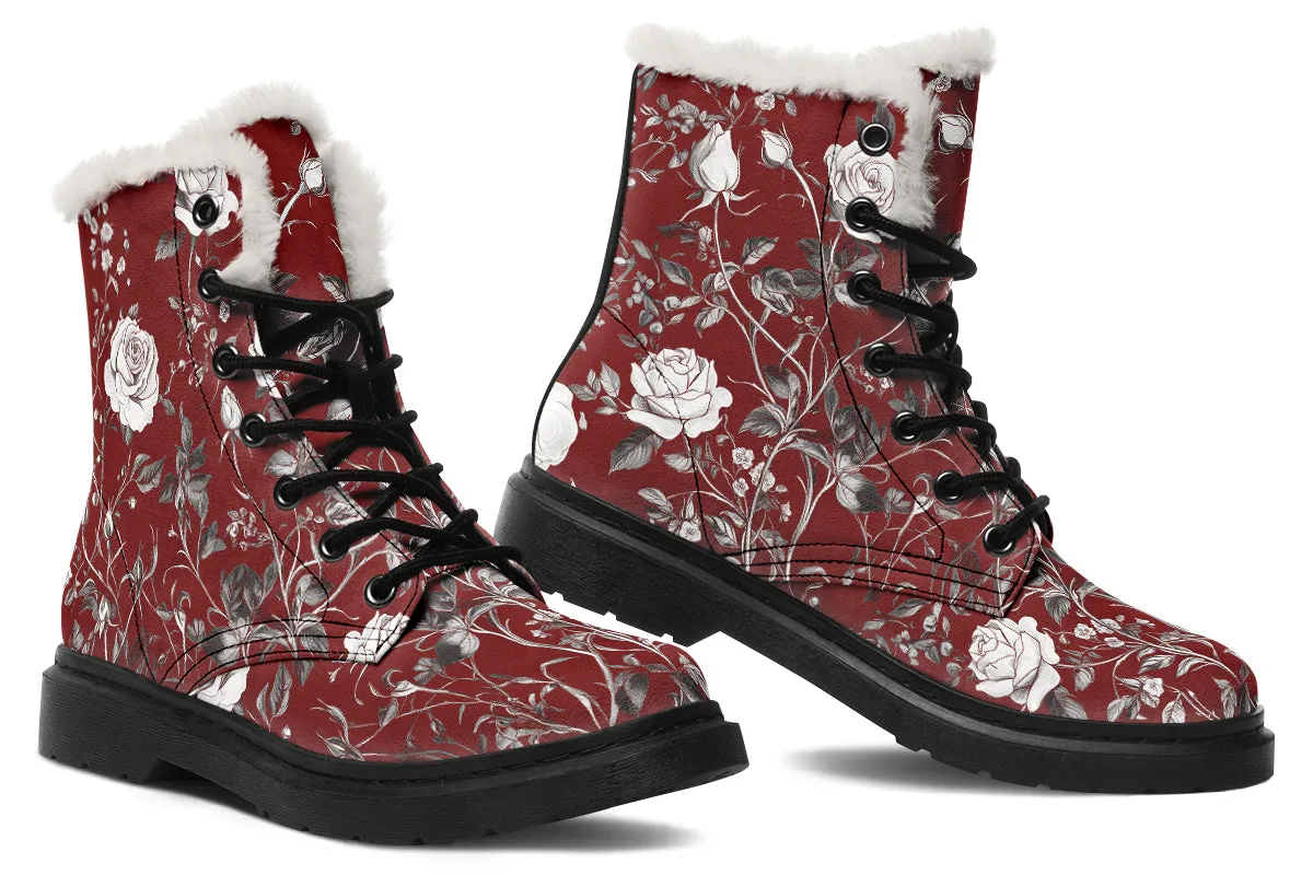 Red Rose Romance Winter Boots - Warm Micro-Suede Doc-Style Boots Lined with Vegan Wool