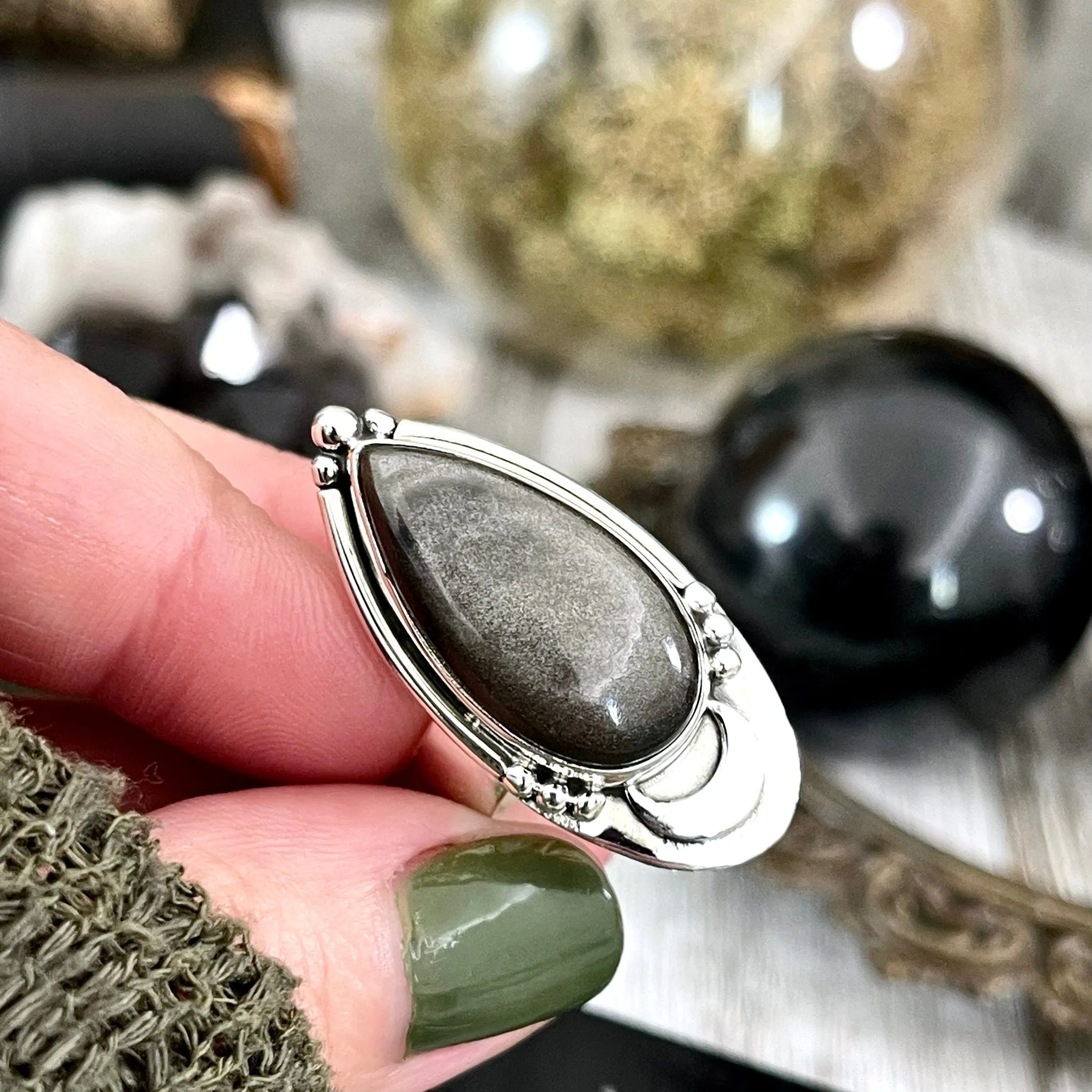 Silver Sheen Obsidian Ring Midnight Moon Crystal Ring Sterling Silver / Designed by FOXLARK - Adjustable to Size 6 7 8 9