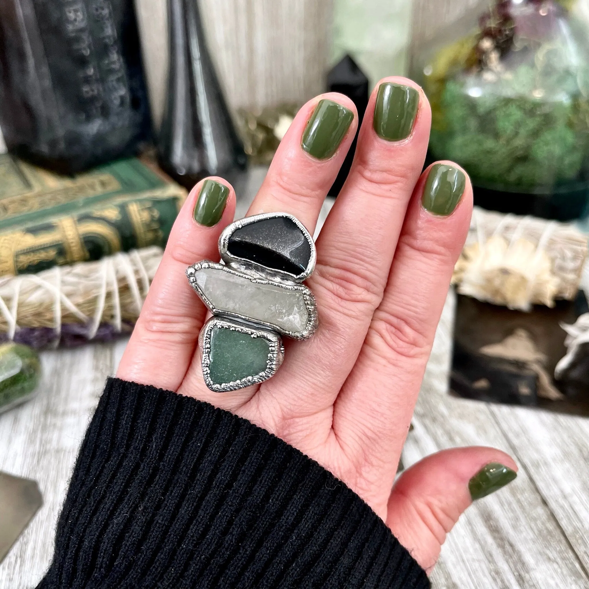 Size 7 Crystal Ring - Three Stone Black Onyx Aventurine Raw Quartz Ring in Silver / Foxlark Collection - One of a Kind