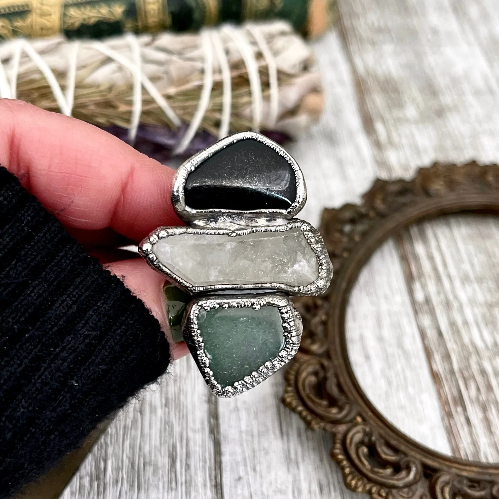 Size 7 Crystal Ring - Three Stone Black Onyx Aventurine Raw Quartz Ring in Silver / Foxlark Collection - One of a Kind