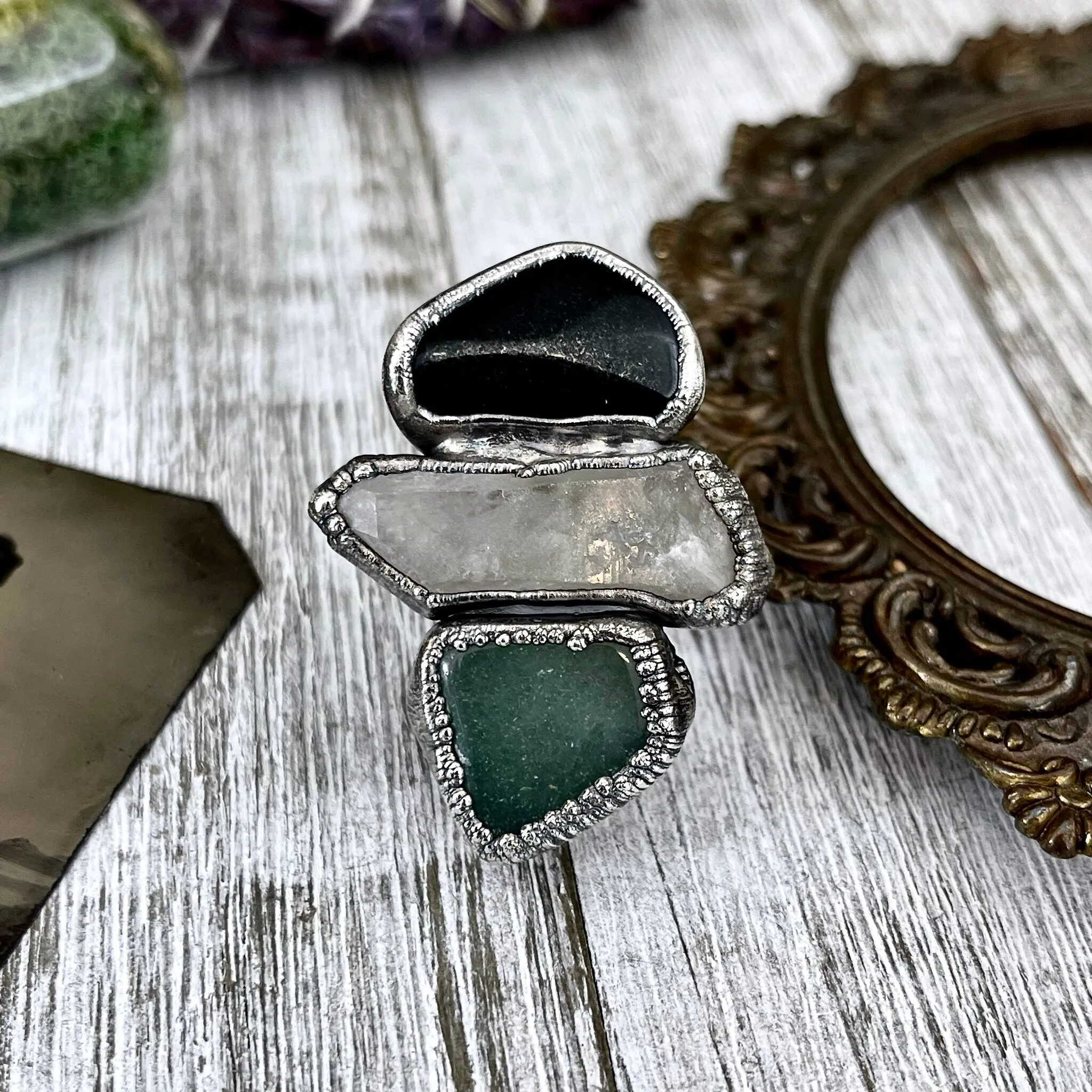 Size 7 Crystal Ring - Three Stone Black Onyx Aventurine Raw Quartz Ring in Silver / Foxlark Collection - One of a Kind