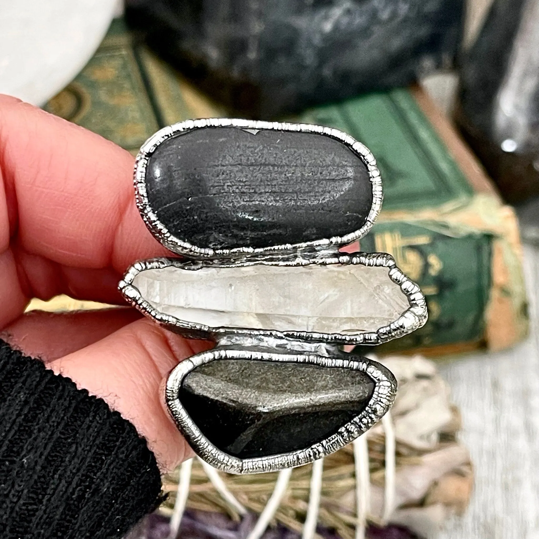 Size 9 Crystal Ring - Three Stone River Rock Raw Quartz Golden Sheen Obsidian Ring in Silver / Foxlark Collection - One of a Kind Jewelry