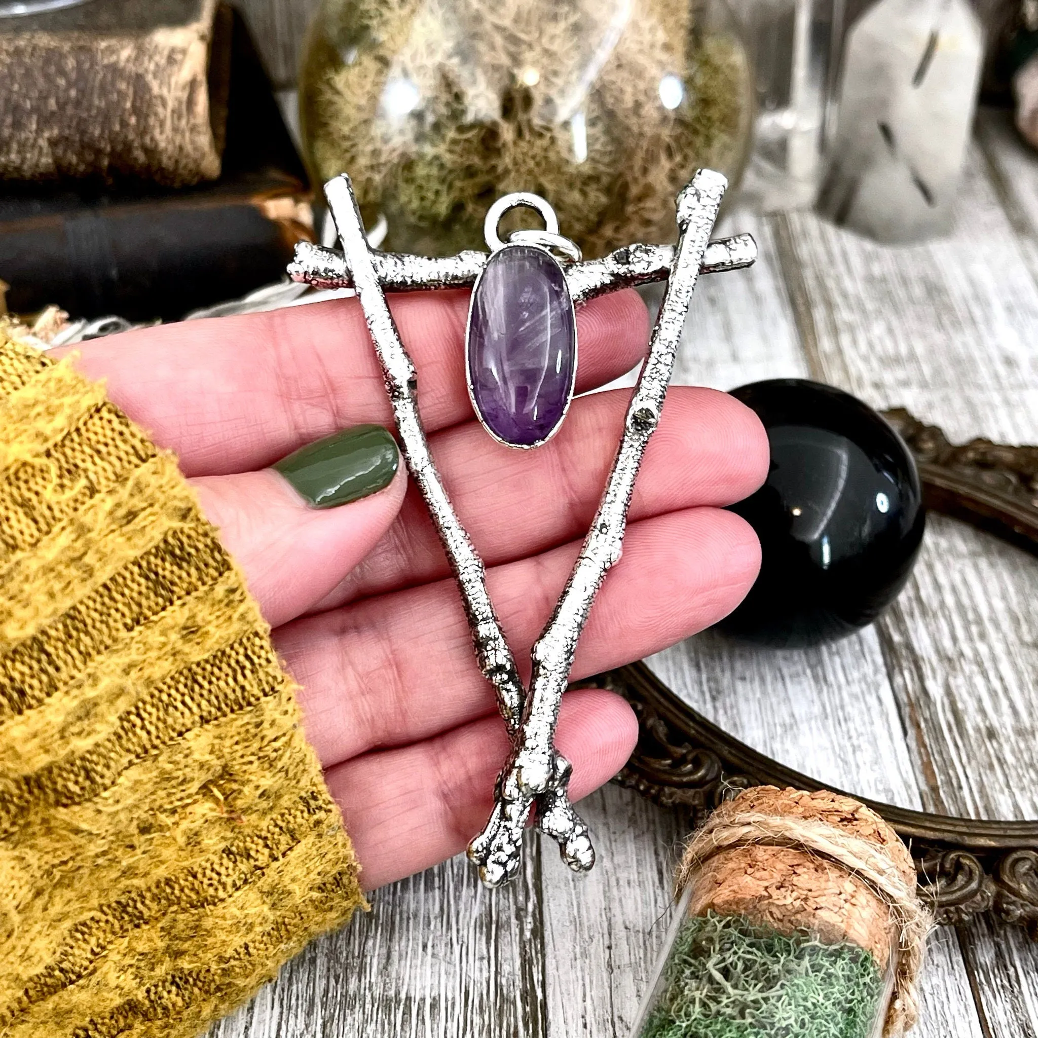 Sticks & Stones Collection- Amethyst Crystal Necklace in Fine Silver /