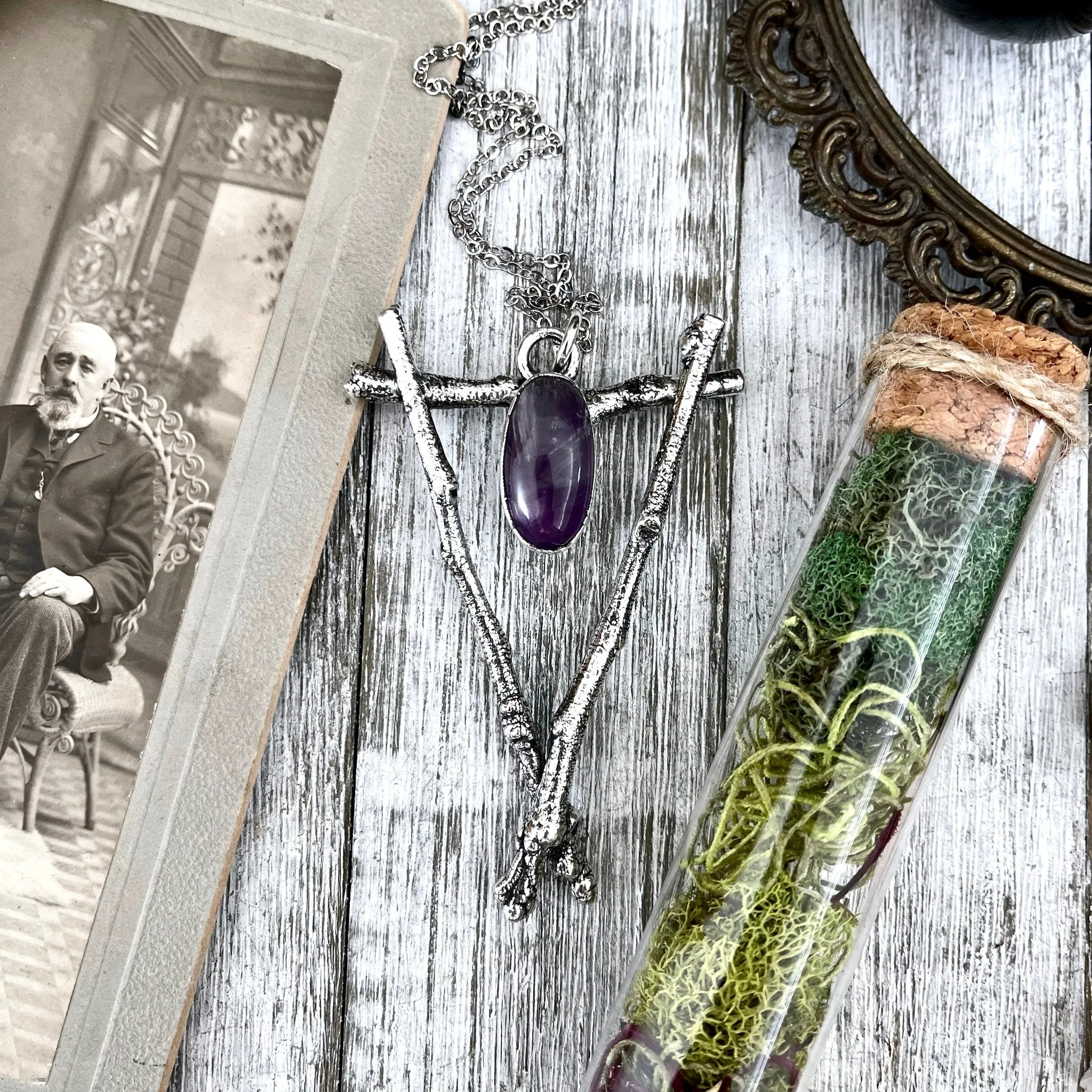 Sticks & Stones Collection- Amethyst Crystal Necklace in Fine Silver /