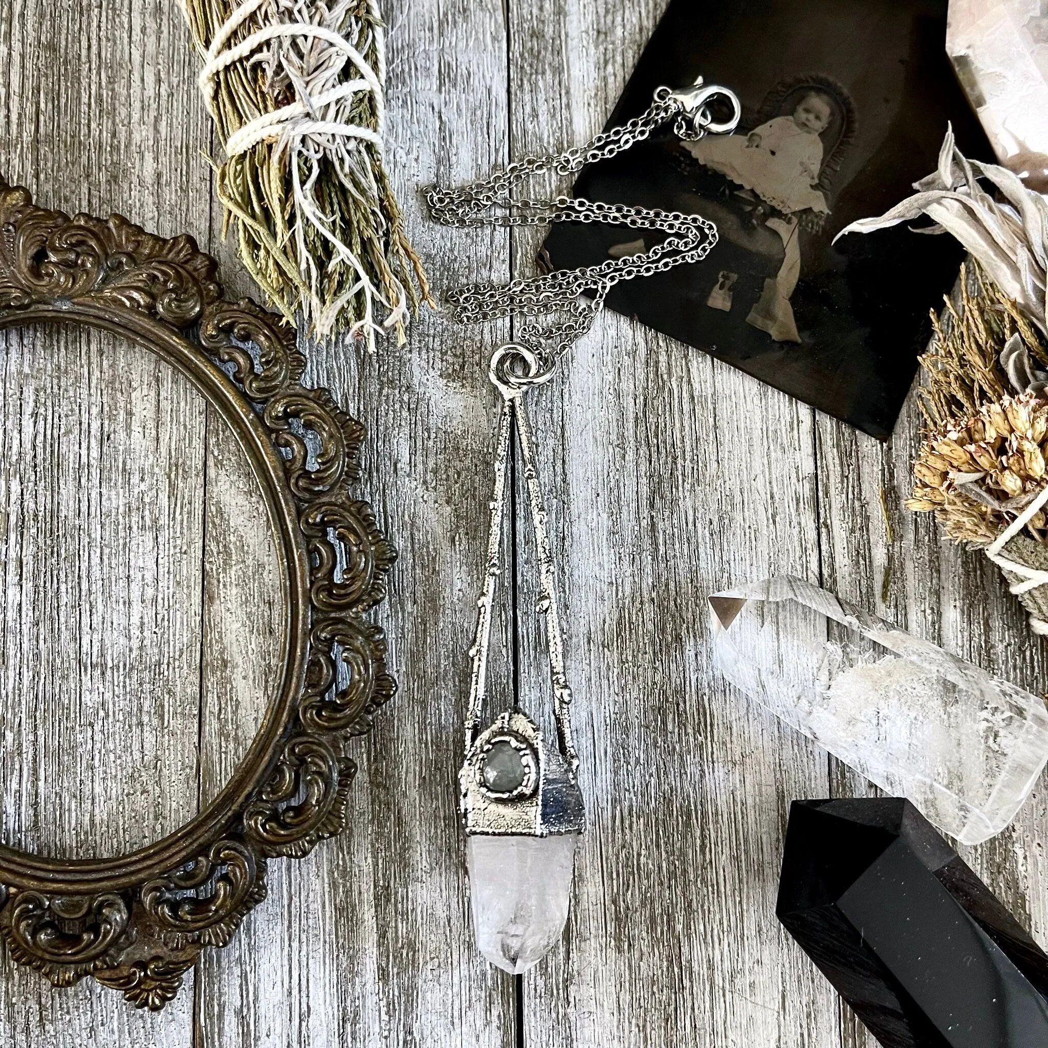 Sticks & Stones Collection - Clear Quartz and Aquamarine Necklace in Fine Silver /