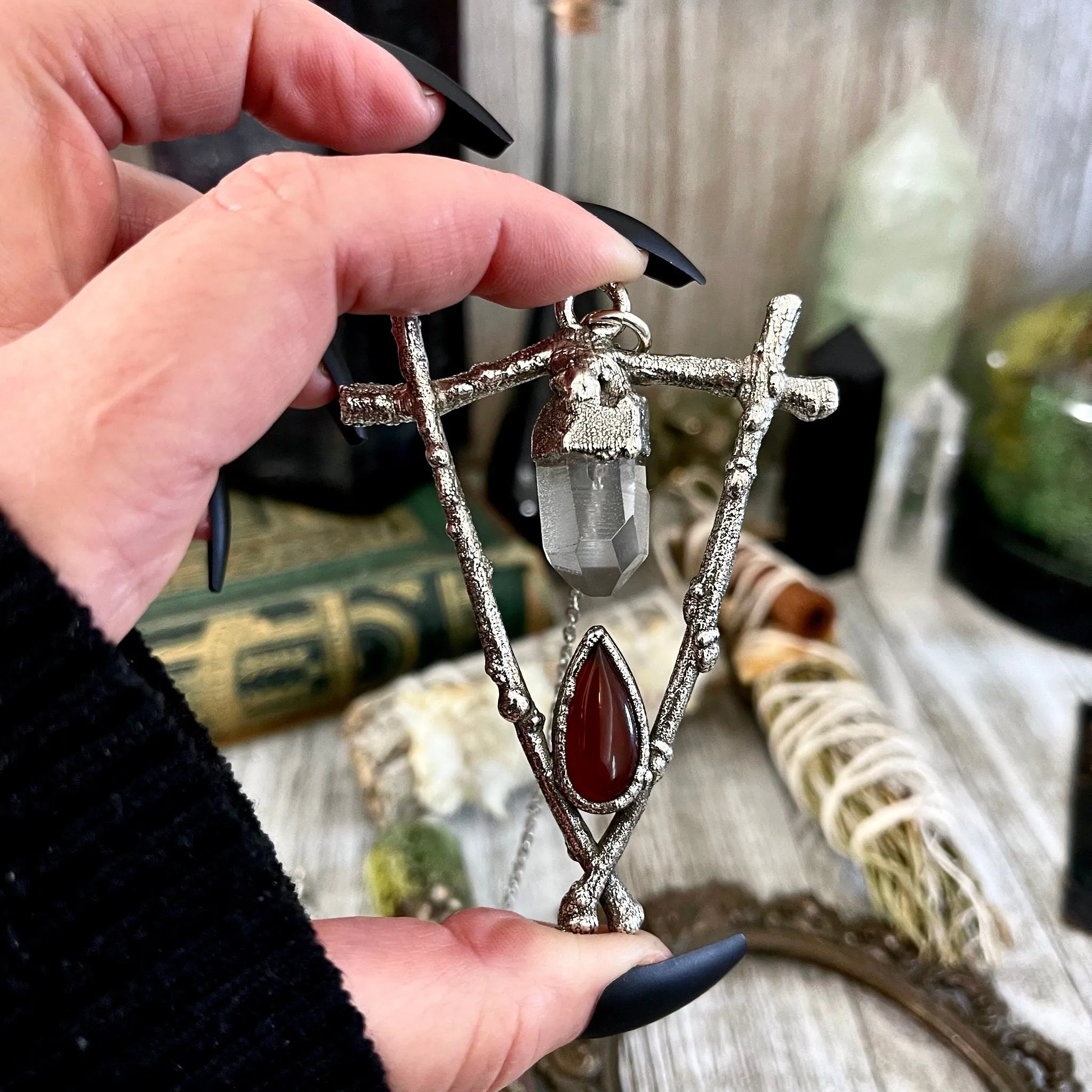 Sticks & Stones Collection - Clear Quartz and Carnelian Necklace in Fine Silver /