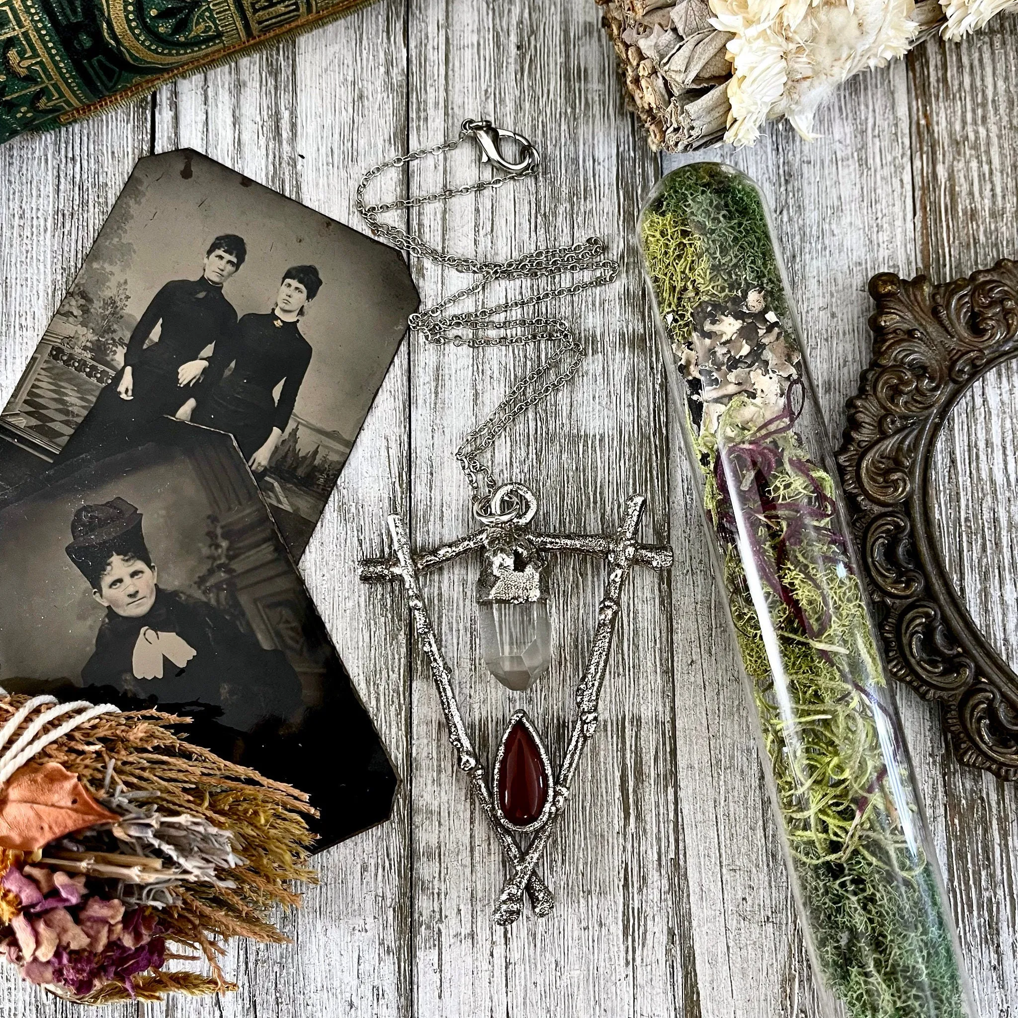 Sticks & Stones Collection - Clear Quartz and Carnelian Necklace in Fine Silver /