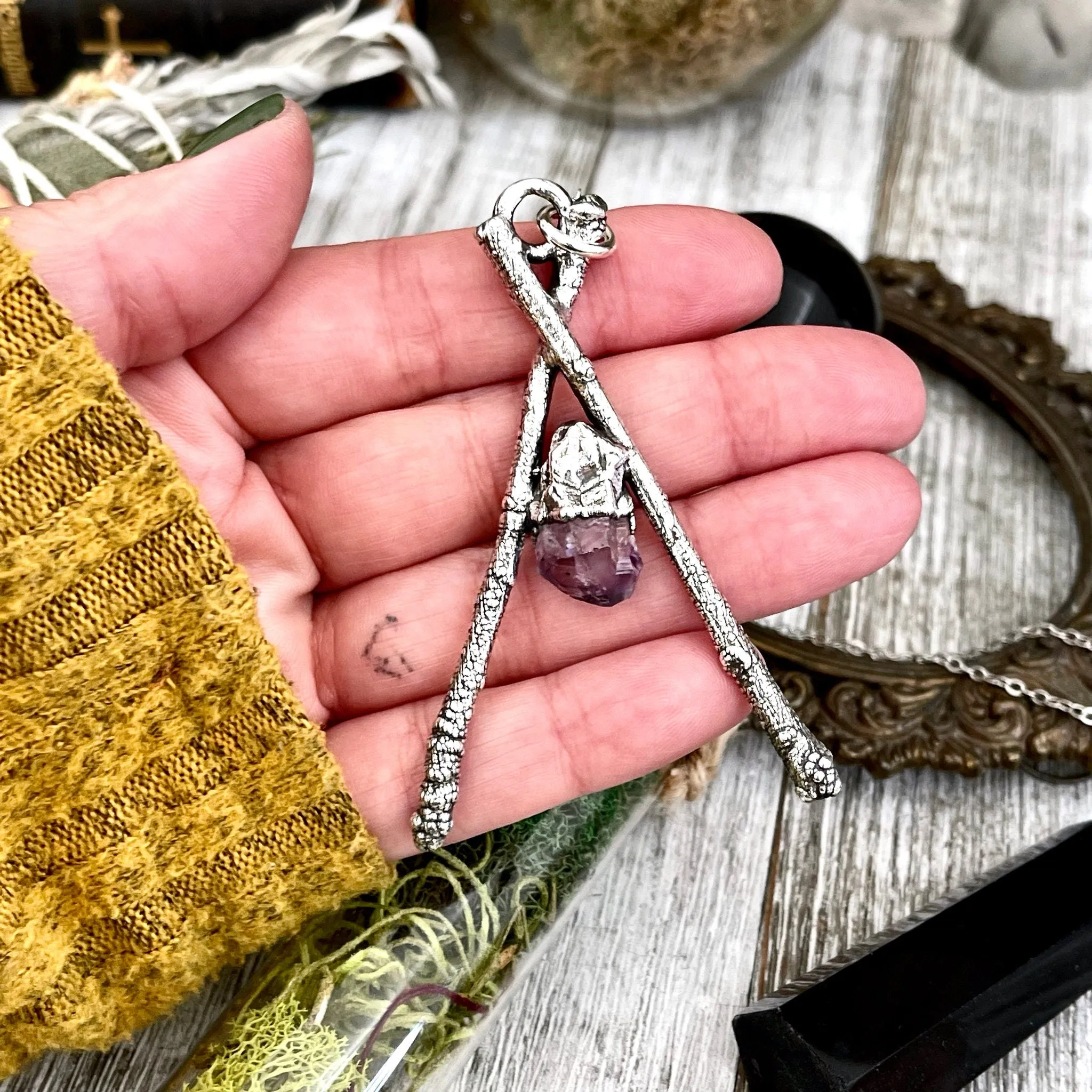 Sticks & Stones Collection- Raw Amethyst Crystal Necklace in Fine Silver /