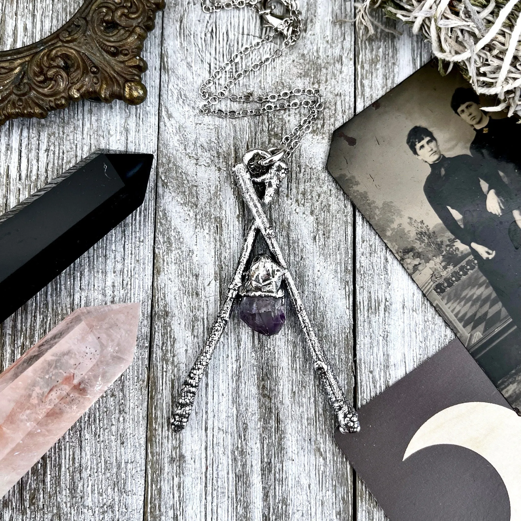 Sticks & Stones Collection- Raw Amethyst Crystal Necklace in Fine Silver /