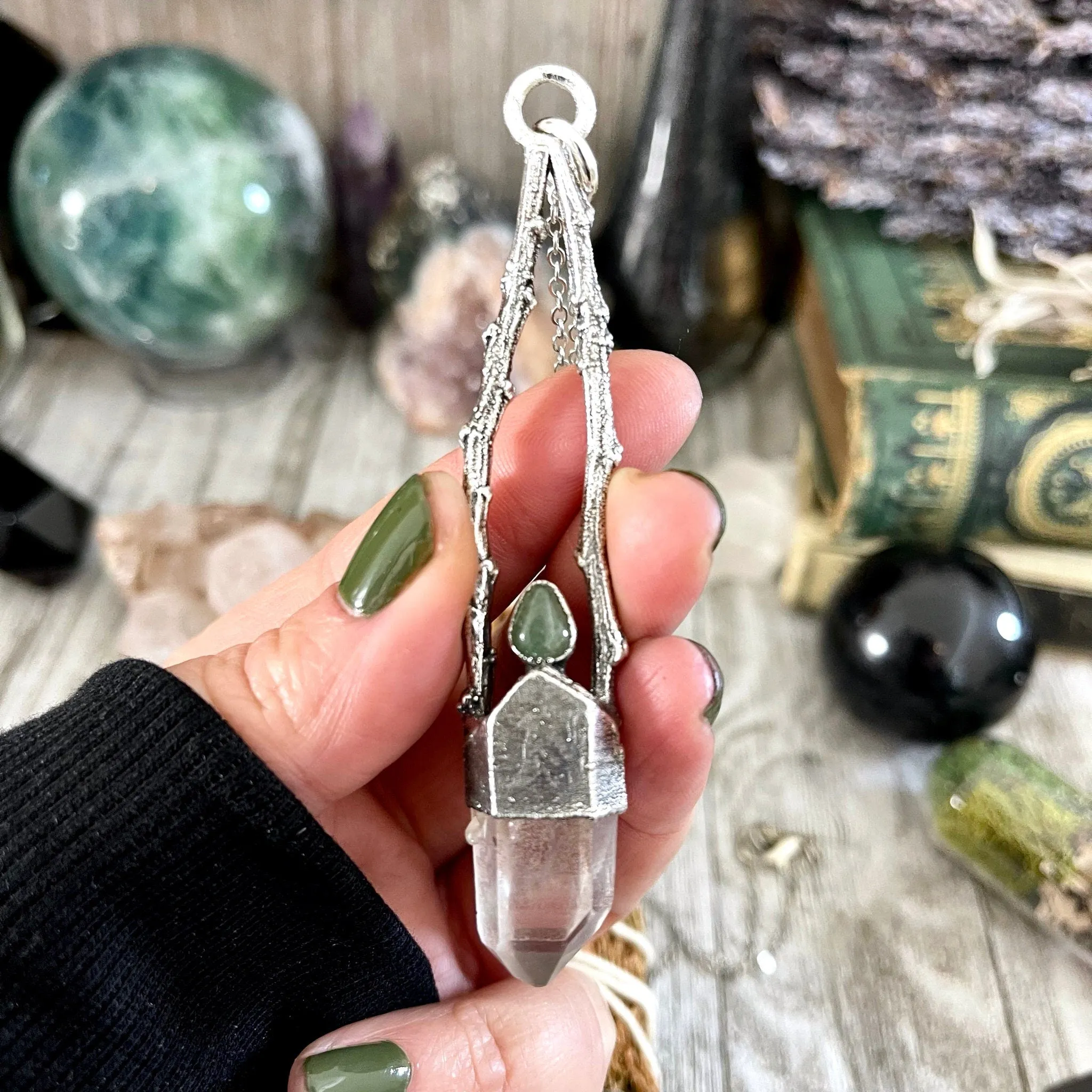 Sticks & Stones Collection- Raw Clear Quartz and Green Aventurine Necklace in Fine Silver /