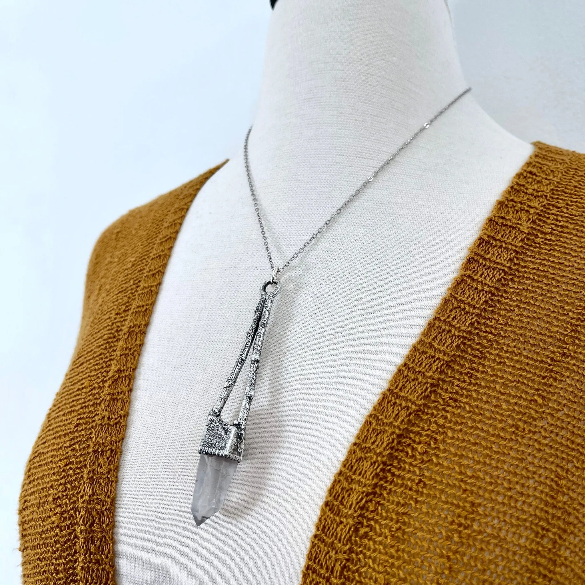 Sticks & Stones Collection- Raw Clear Quartz Crystal Necklace in Fine Silver /