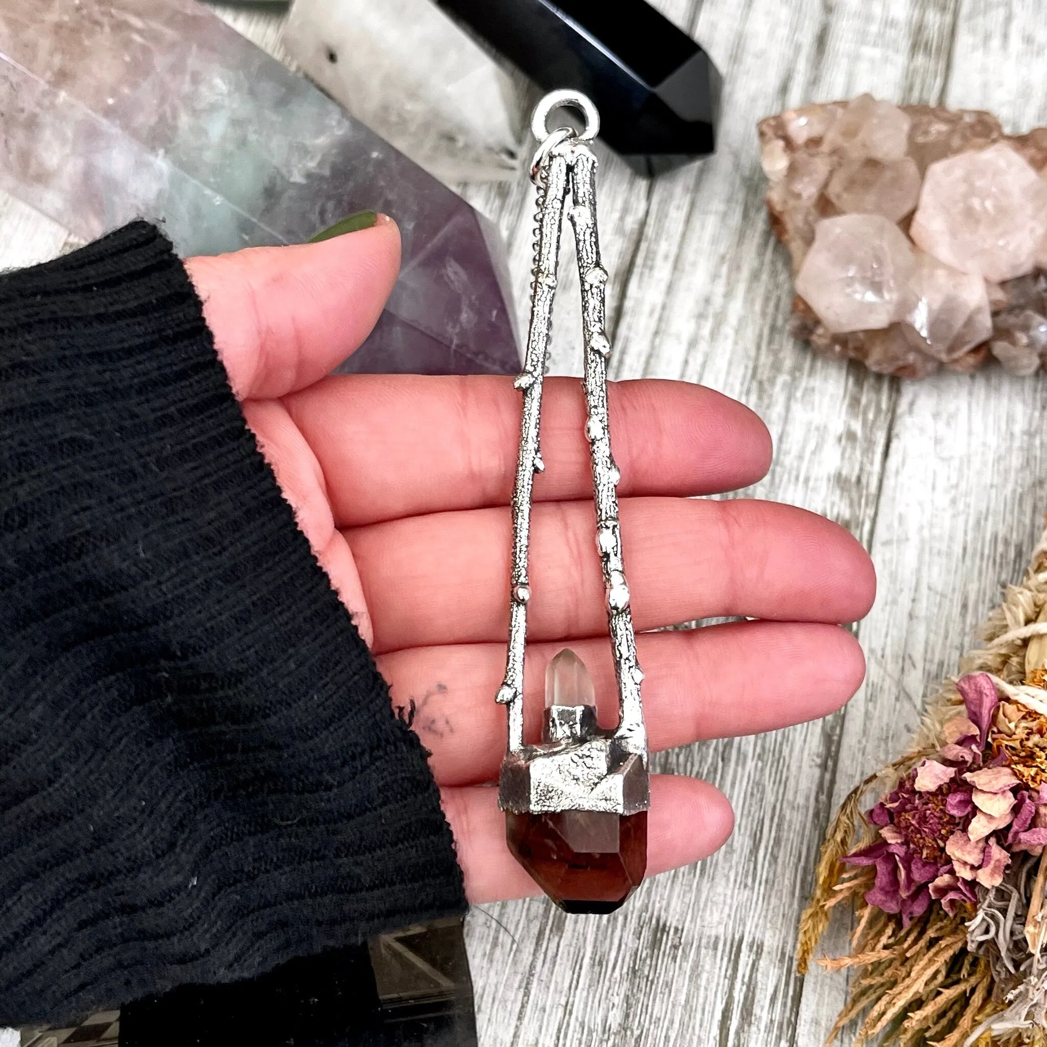 Sticks & Stones Collection- Smokey Quartz and Clear Quartz Necklace in Fine Silver /