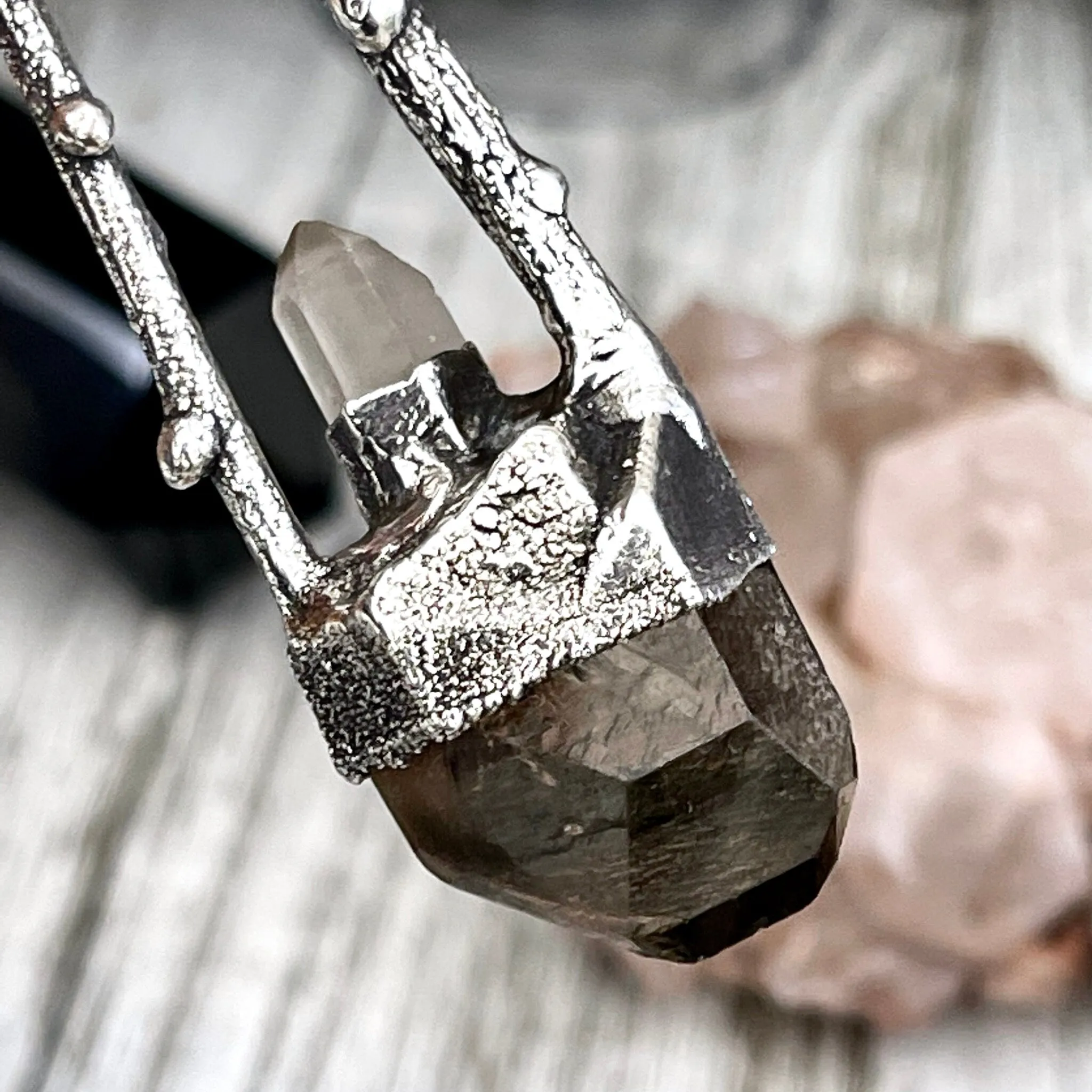 Sticks & Stones Collection- Smokey Quartz and Clear Quartz Necklace in Fine Silver /