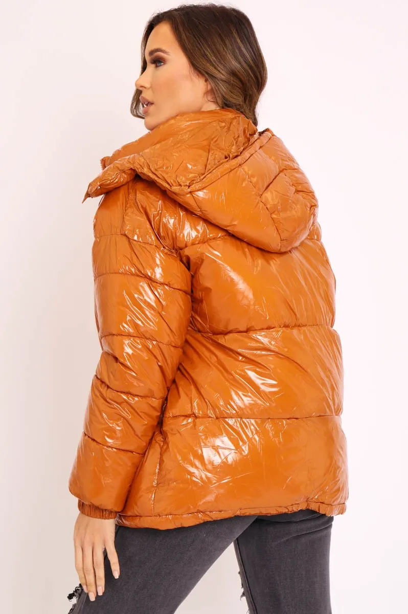 Tan Shiny Wet Look Chunky Hooded Puffer Coat - Syra