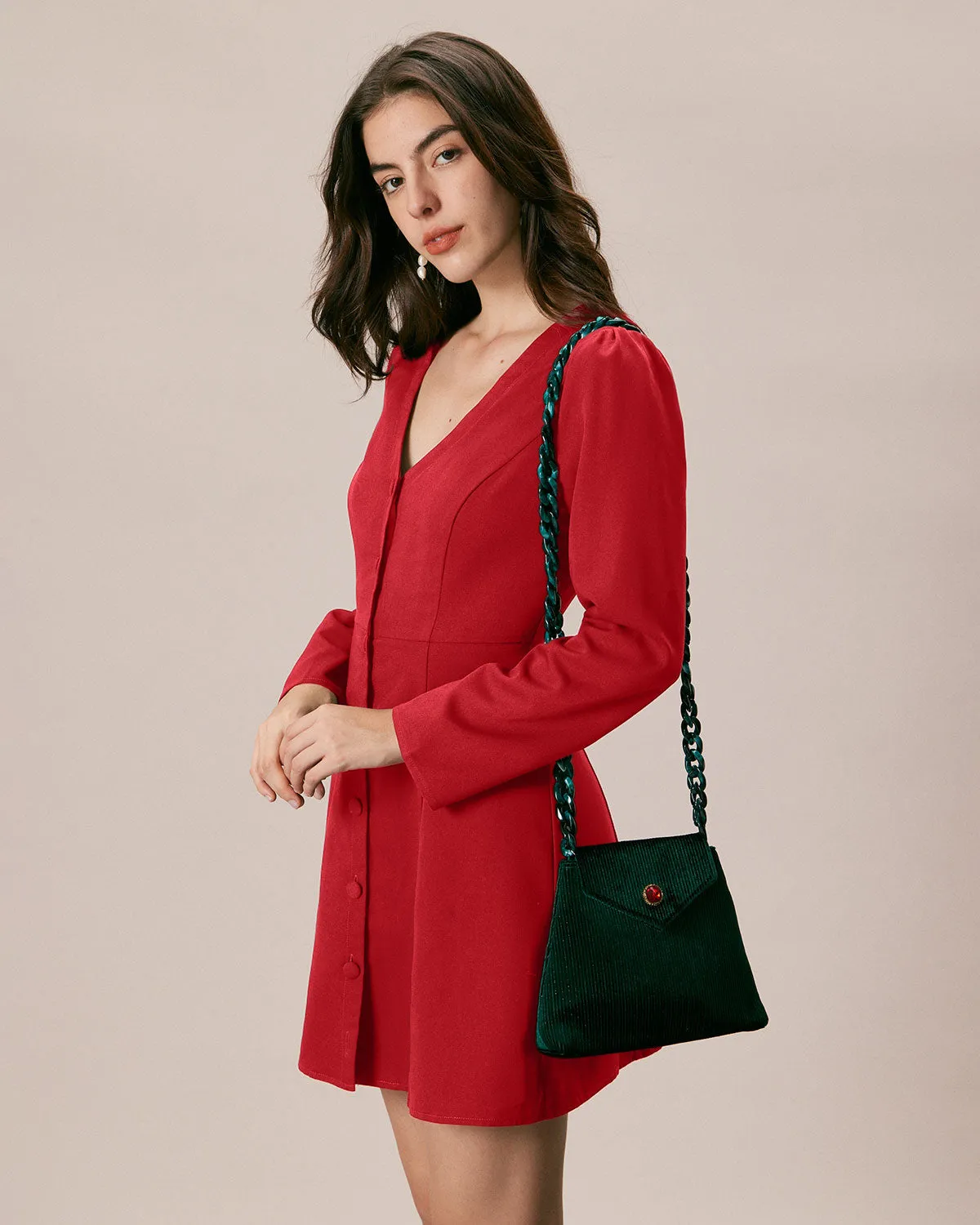 The Red V Neck Button Shirt Mini Dress