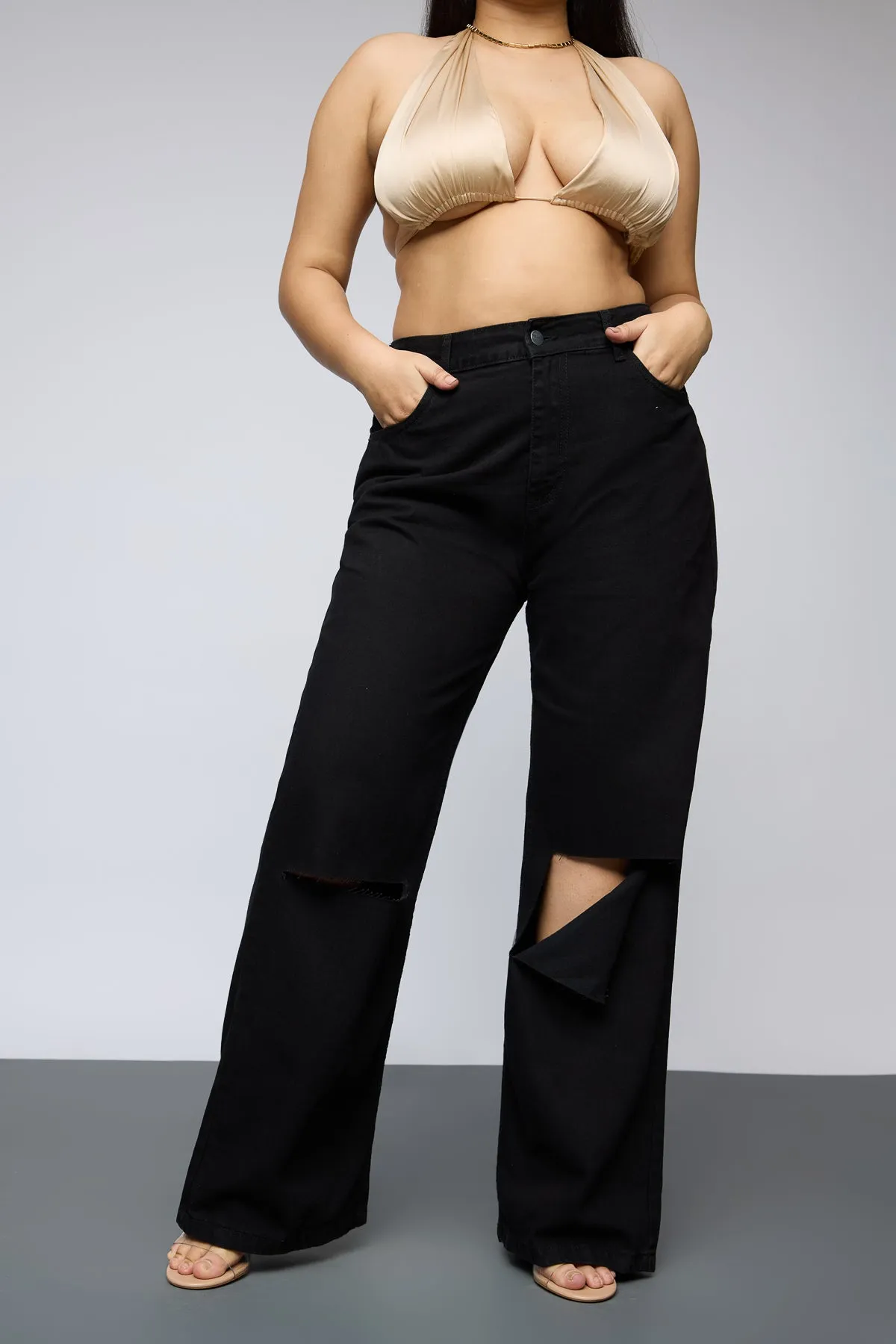 Ultra Black Knee Distressed Curve Wide Leg Jeans